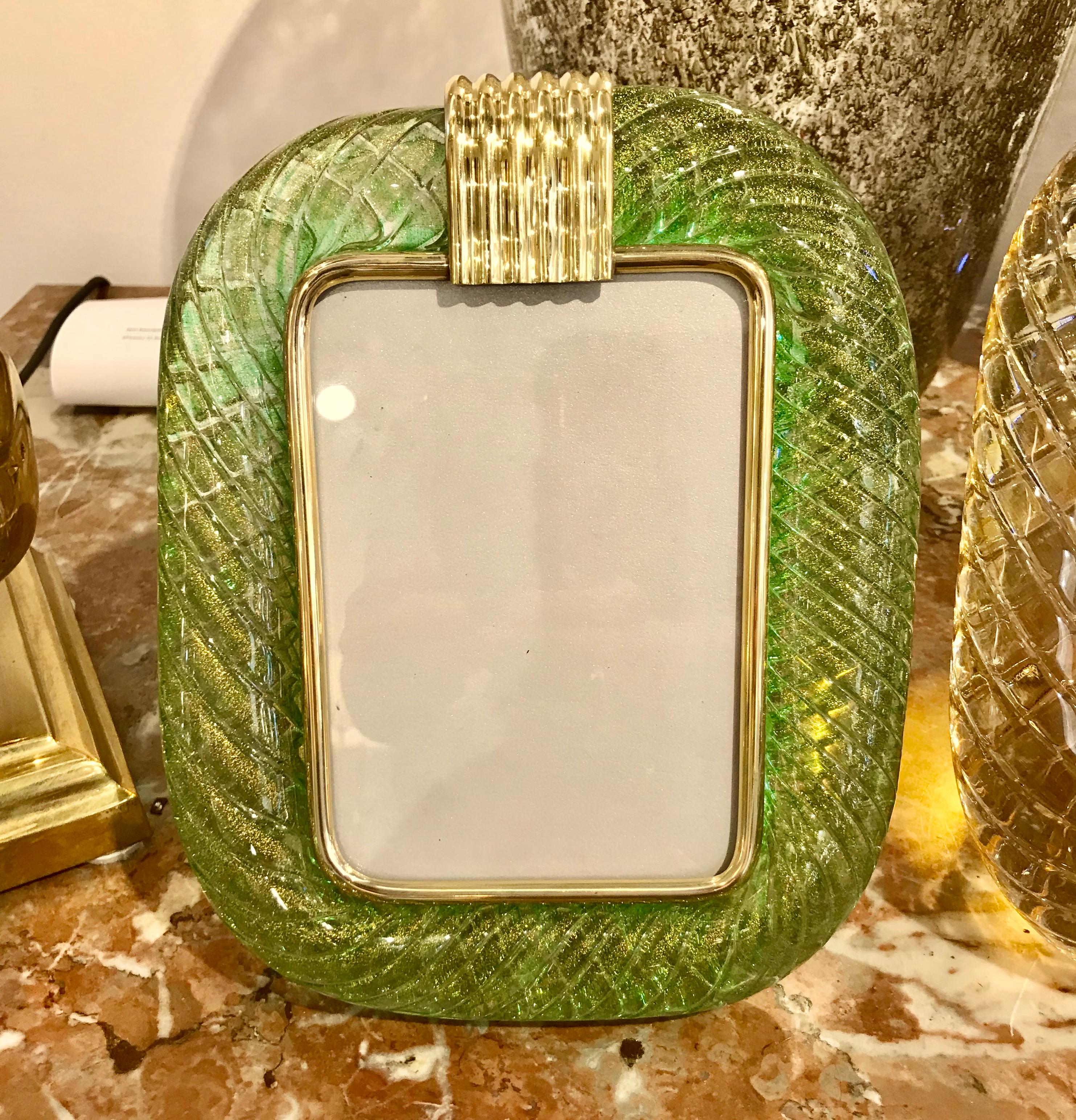 Mid-Century Modern Venini 1970s Italian Vintage Green Gold Murano Glass and Brass Photo Frame