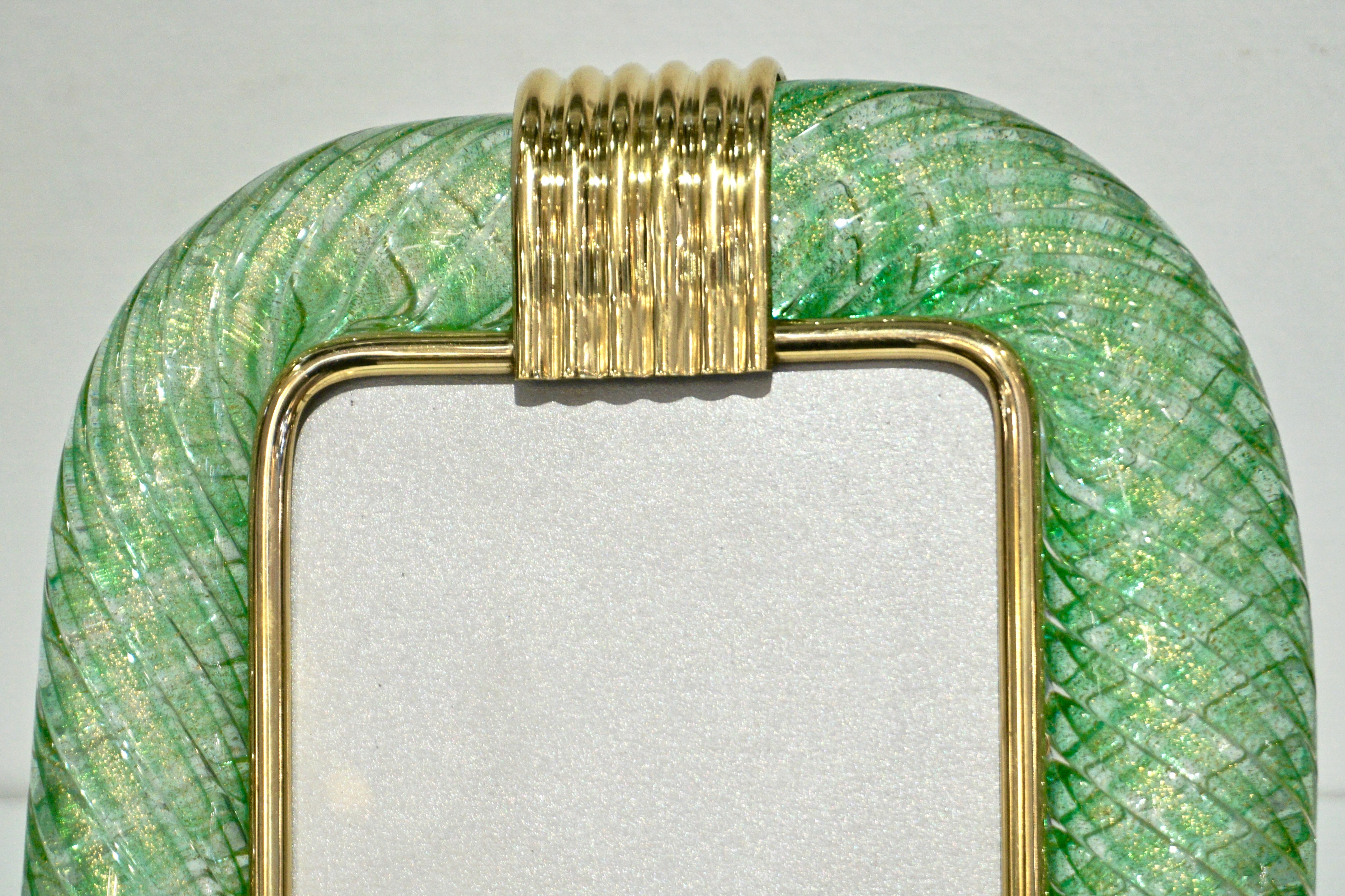 Hand-Crafted Venini 1970s Italian Vintage Green Gold Murano Glass and Brass Photo Frame