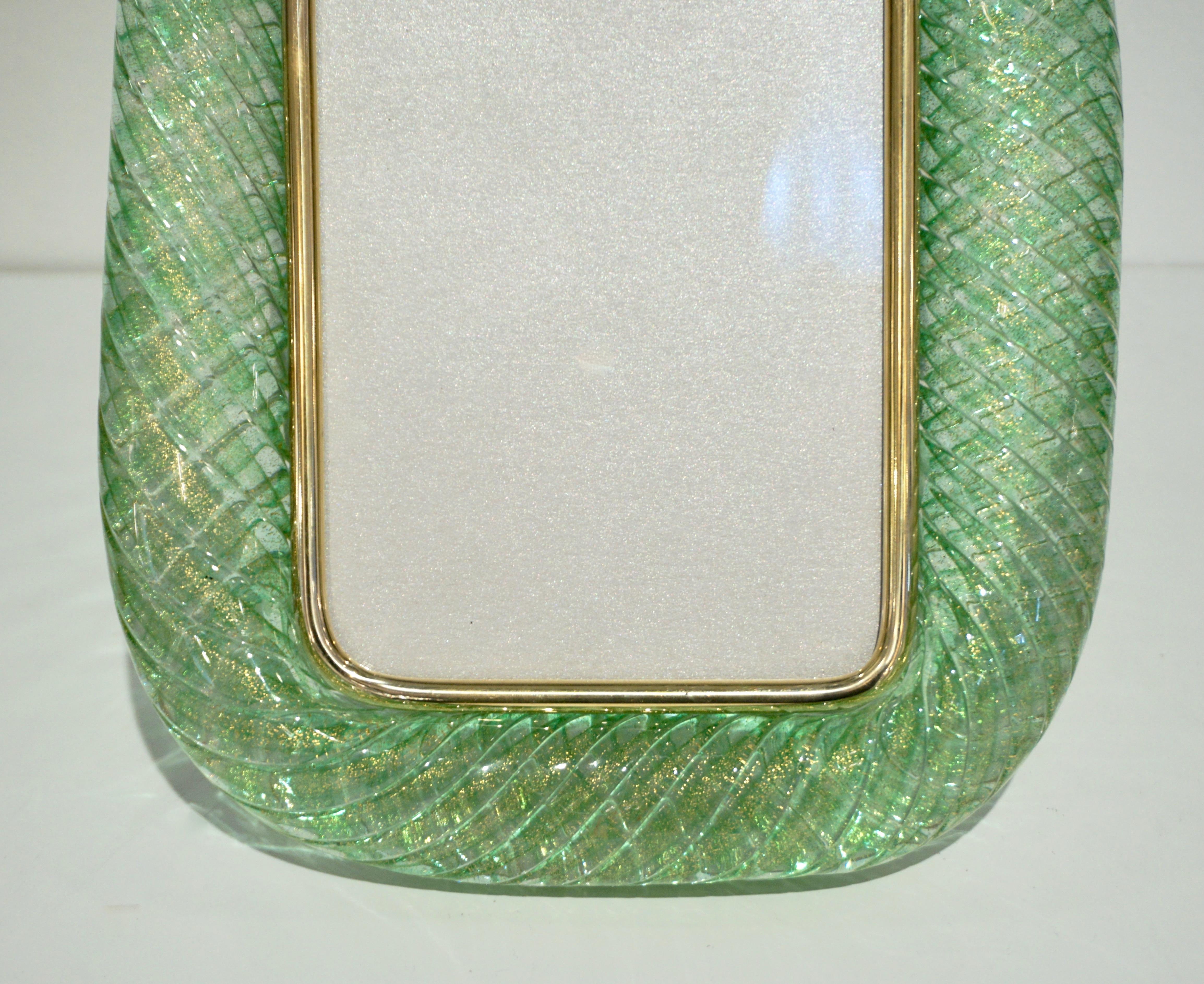 Venini 1970s Italian Vintage Green Gold Murano Glass and Brass Photo Frame 3