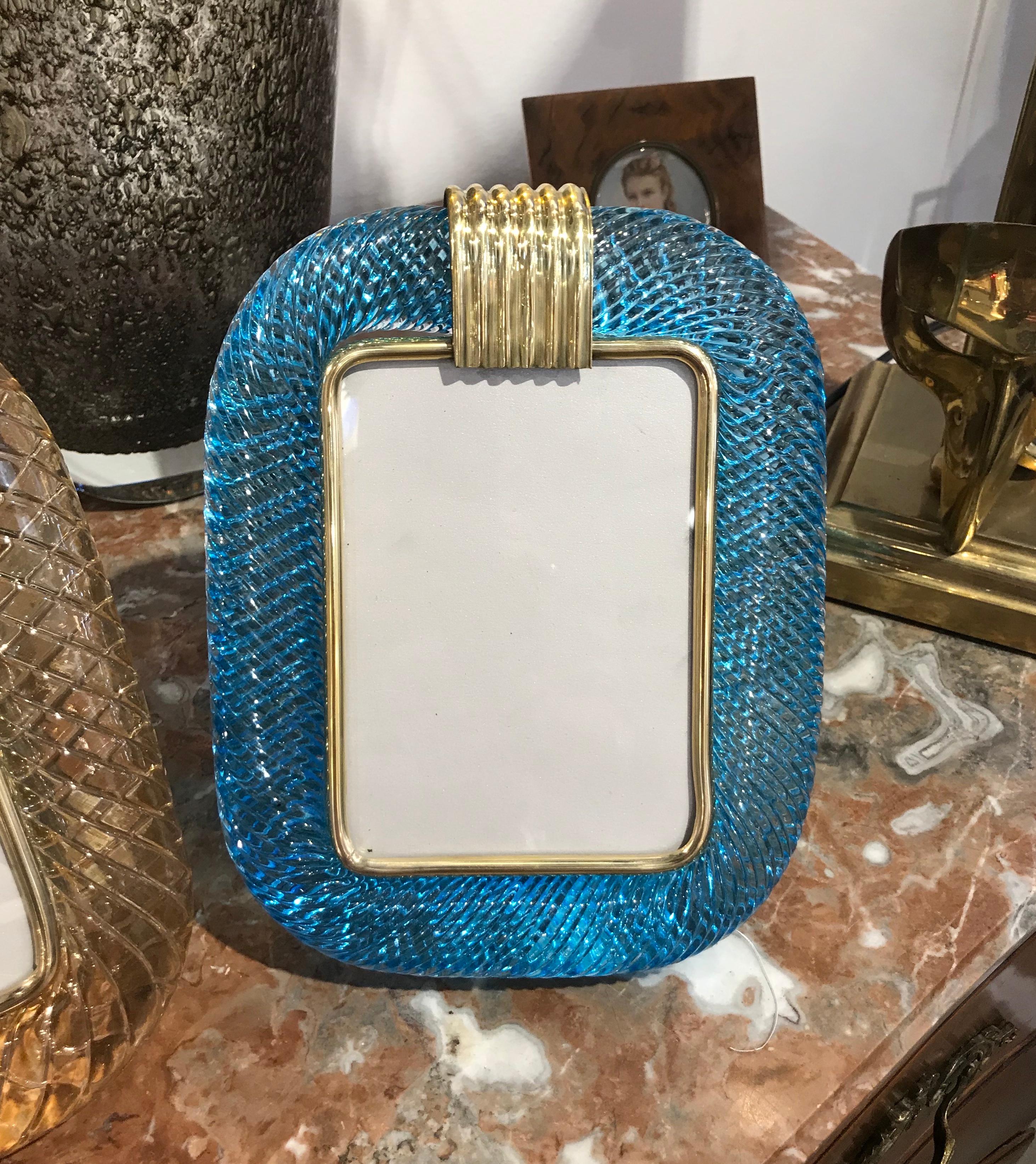 Venini 1970s Italian Vintage Turquoise Blue and Gold Murano Glass Photo Frame 2
