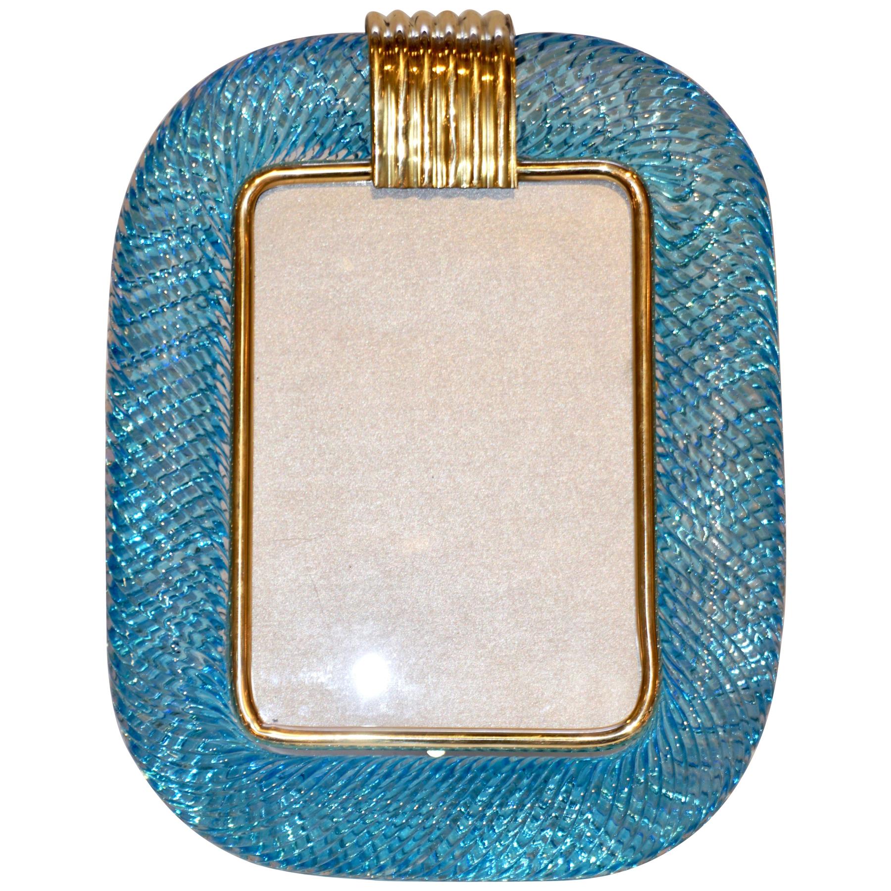Venini 1970s Italian Vintage Turquoise Blue and Gold Murano Glass Photo Frame