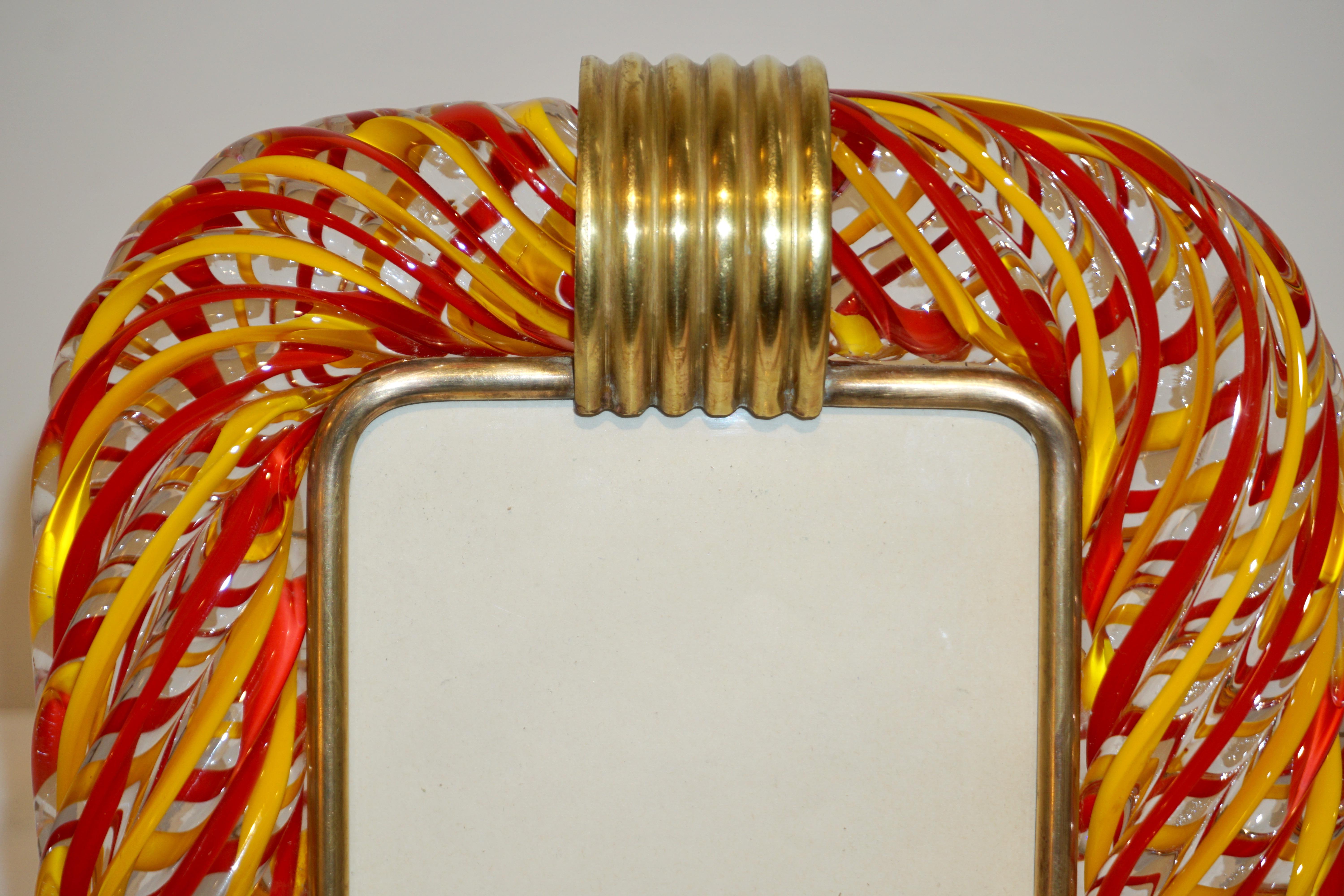 Blown Glass Venini 1970s Vintage Italian Coral Red & Yellow Crystal Murano Glass Photo Frame