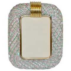 Venini 1970s Vintage Italian Green Rose Pink & Crystal Murano Glass Photo Frame