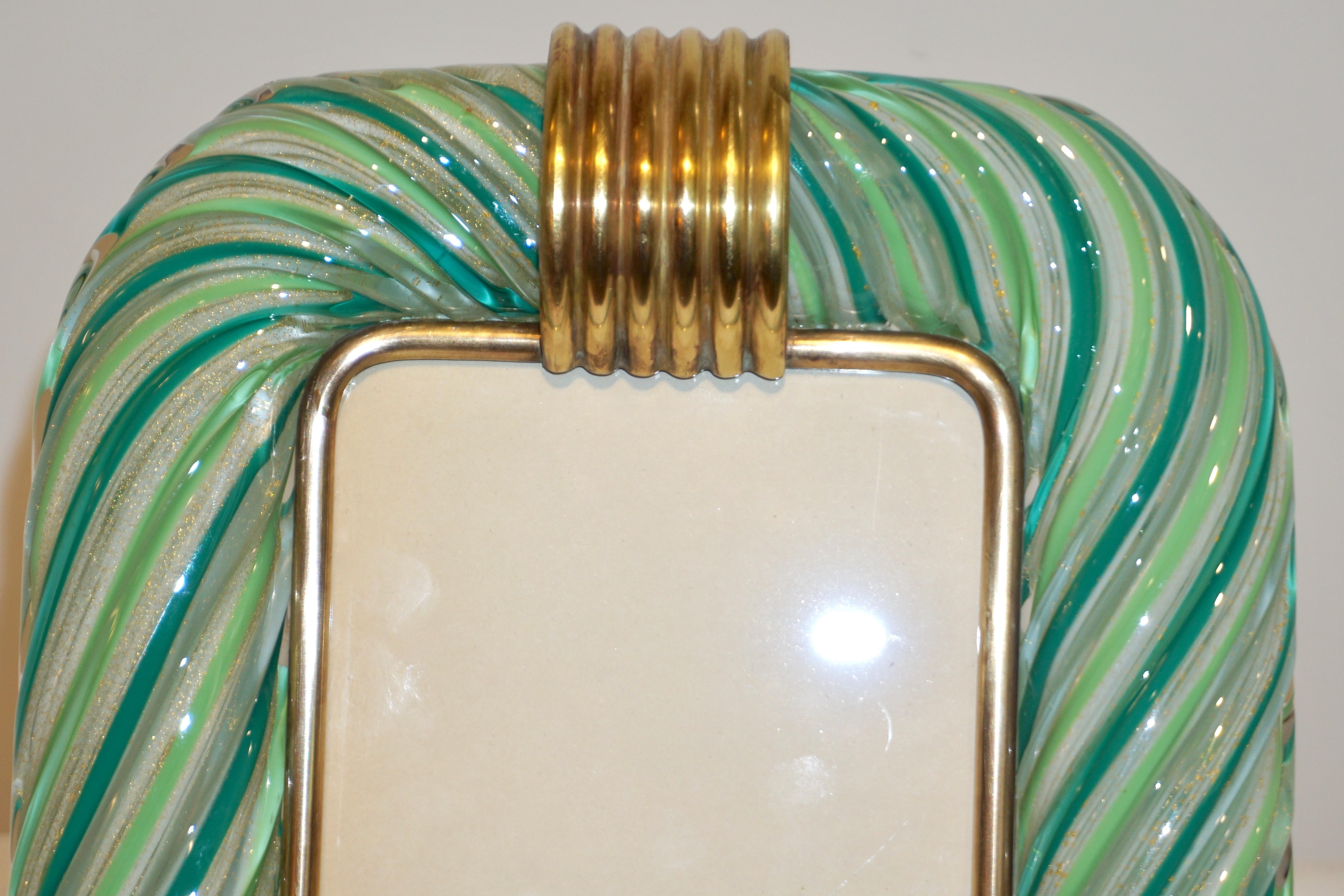 Venini 1970s Vintage Italian Green White Gold Filigrana Murano Glass Photo Frame 2