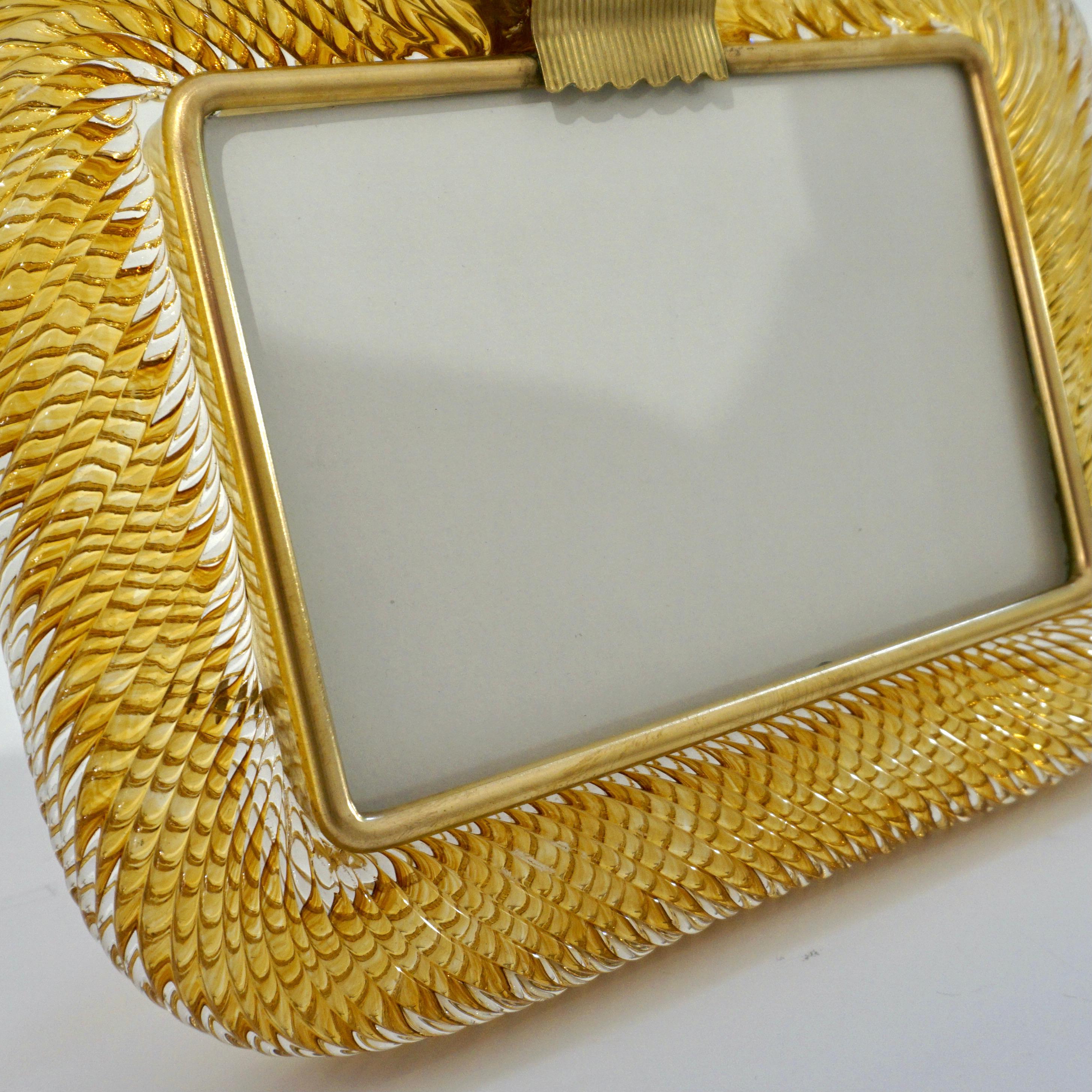 Mid-Century Modern Venini 1980s Italian Vintage Amber Gold Murano Glass and Brass Photo Frame
