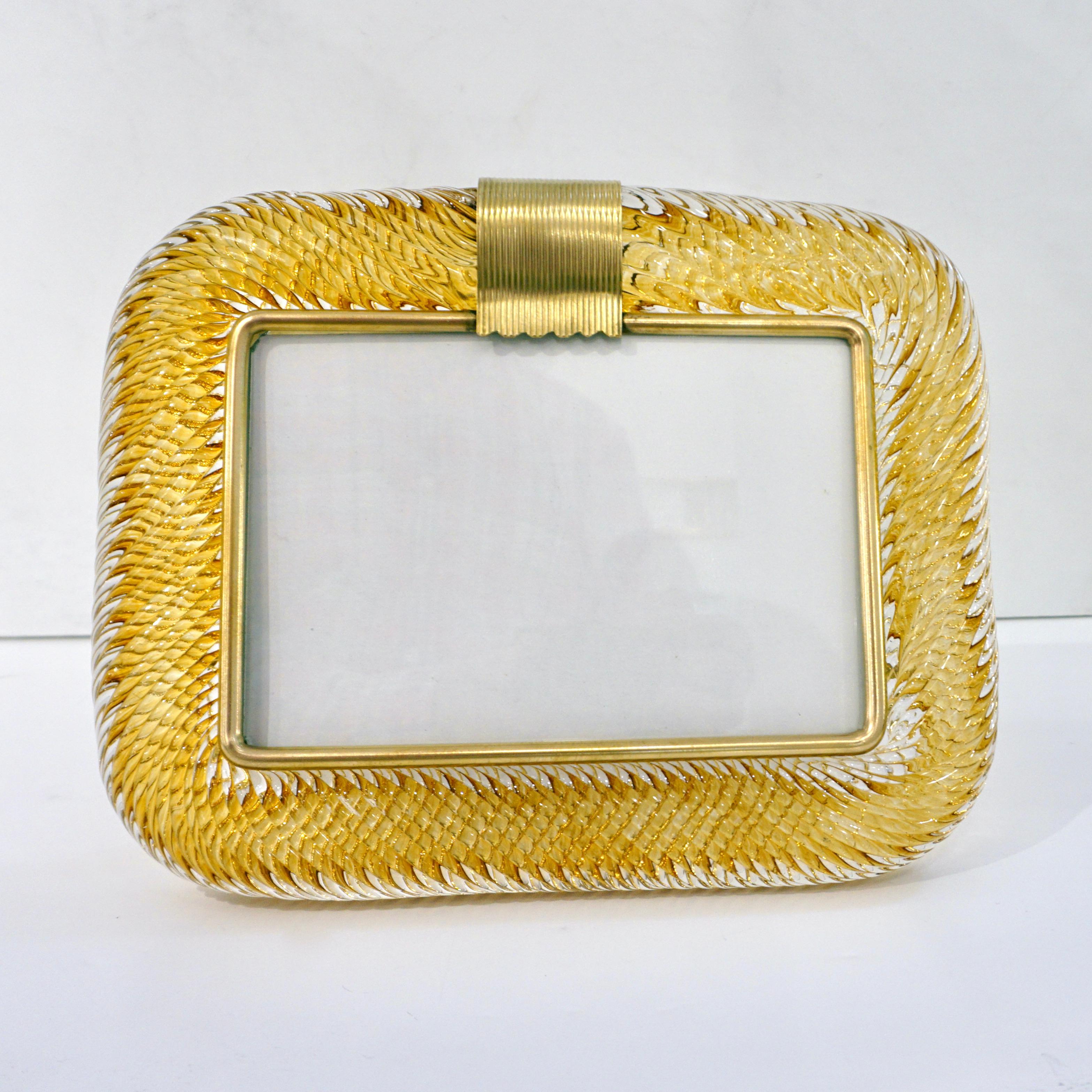 Venini 1980s Italian Vintage Amber Gold Murano Glass and Brass Photo Frame In Excellent Condition In New York, NY