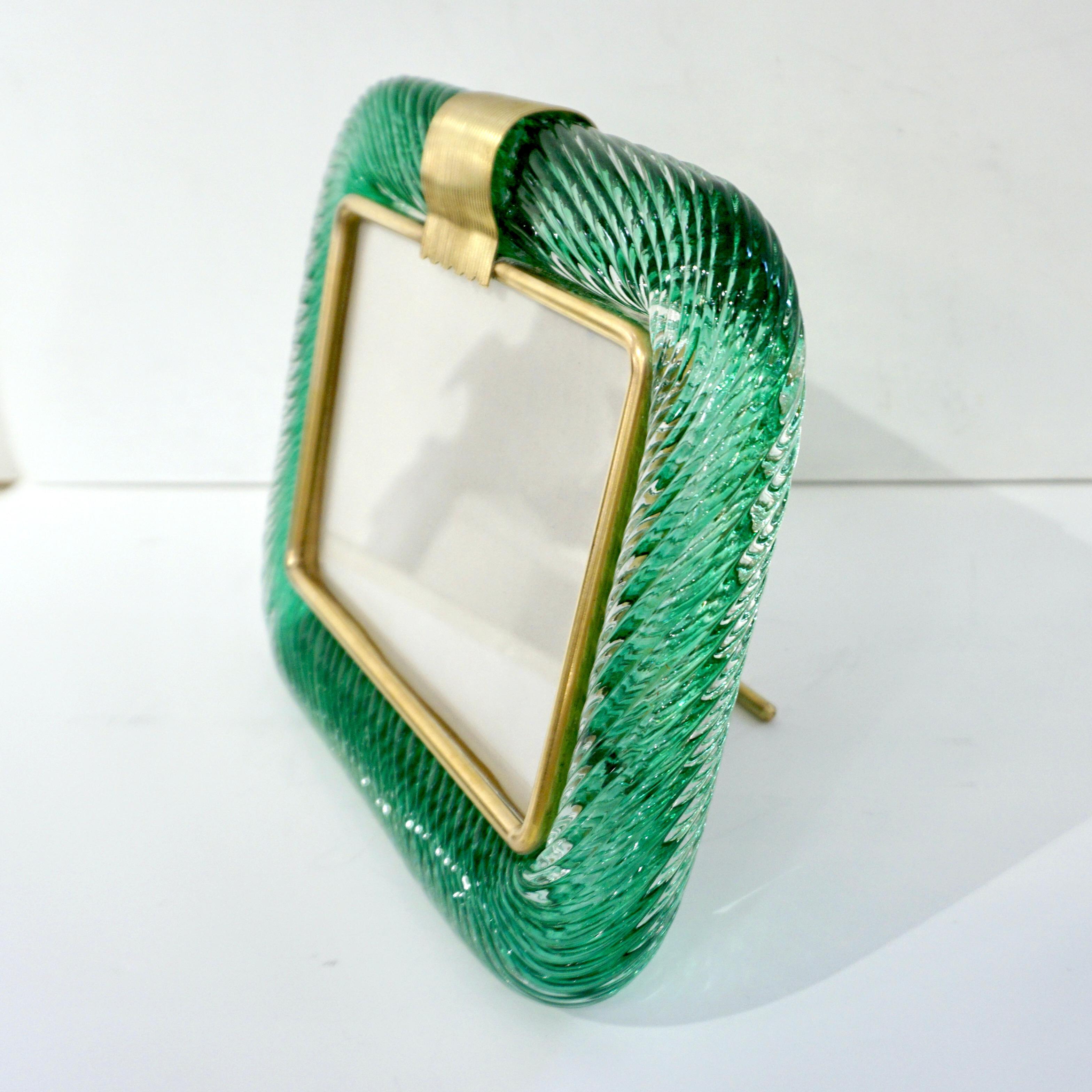 Venini 1980s Italian Vintage Emerald Green Murano Glass and Brass Photo Frame 5