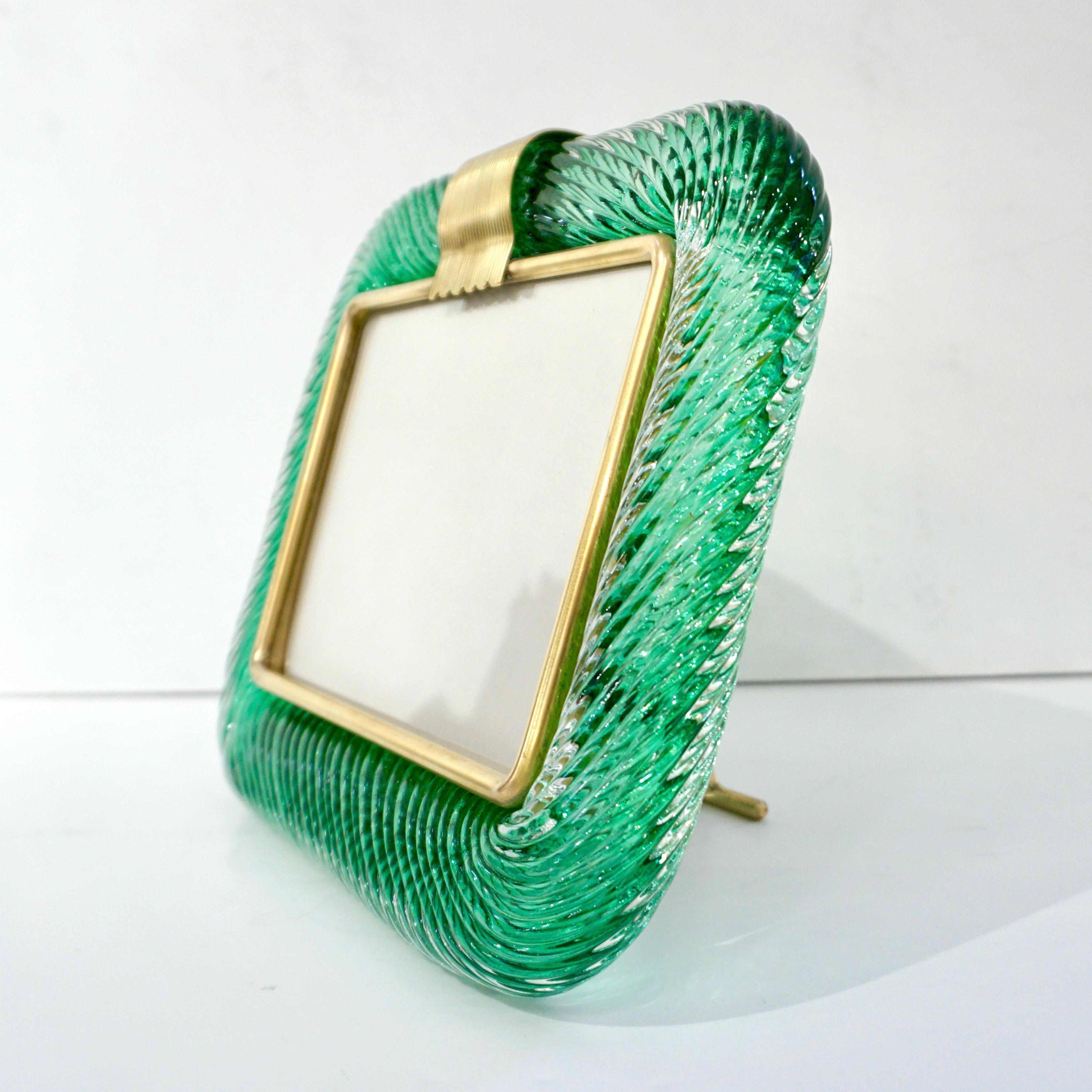 Mid-Century Modern Venini 1980s Italian Vintage Emerald Green Murano Glass and Brass Photo Frame