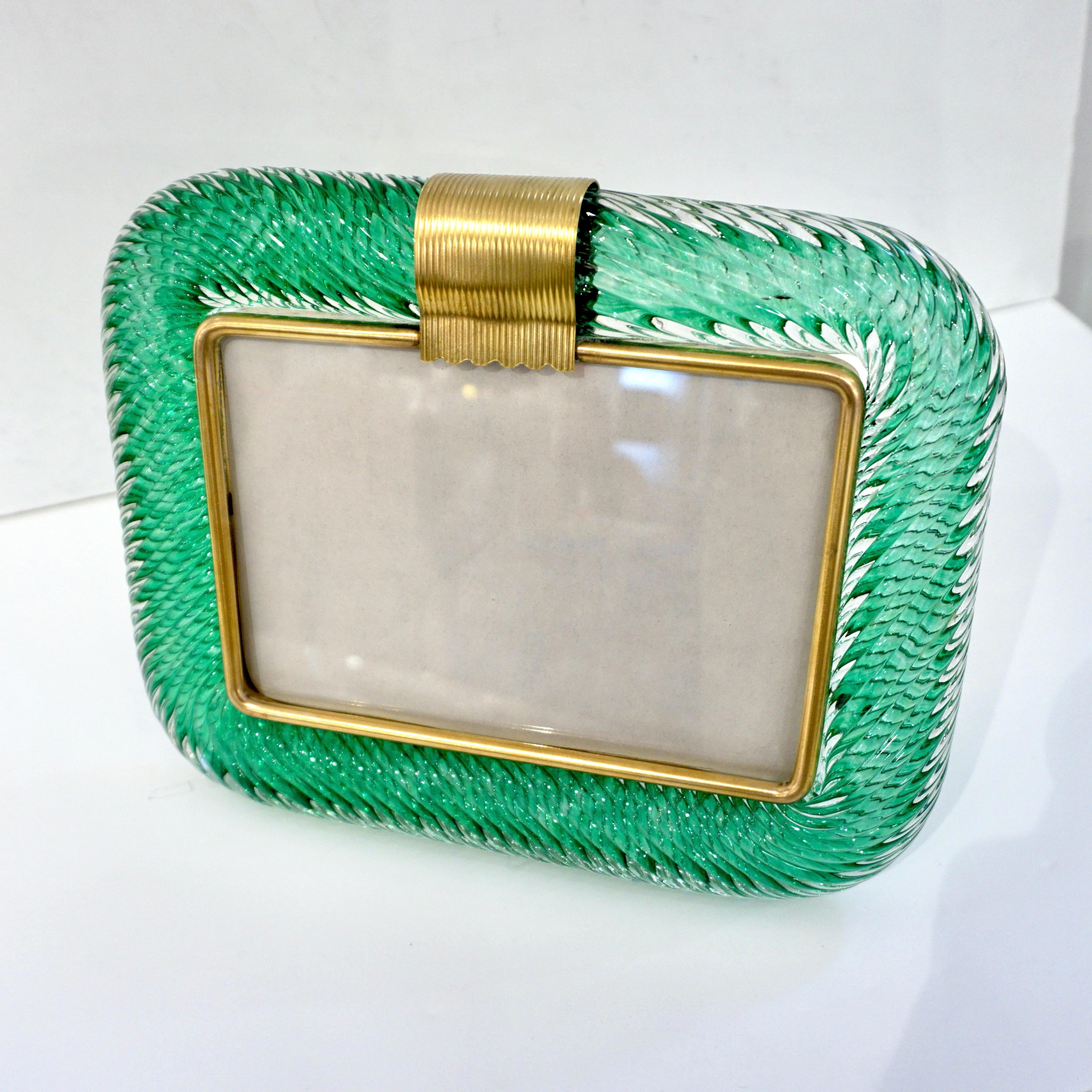Venini 1980s Italian Vintage Emerald Green Murano Glass and Brass Photo Frame 1