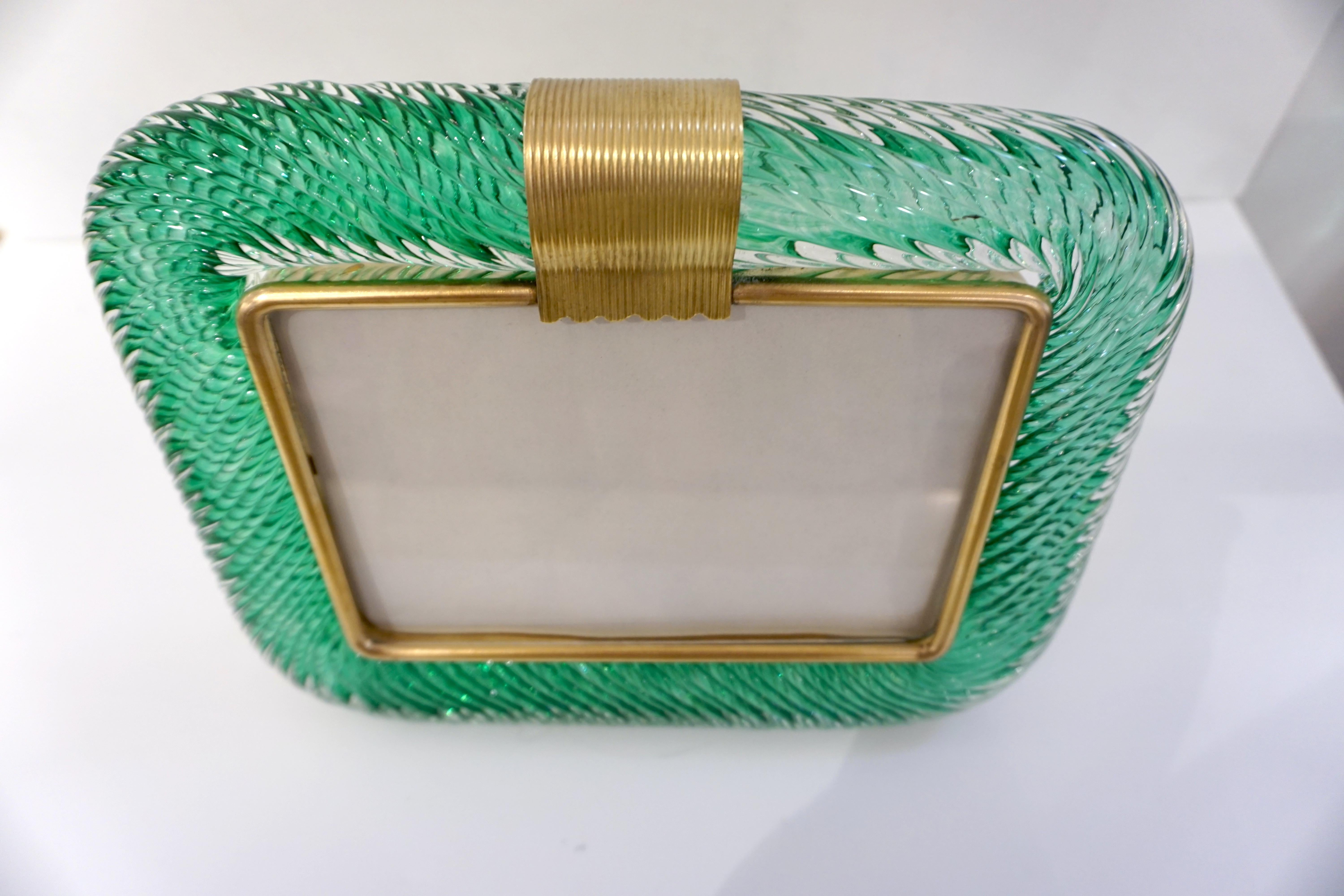 Venini 1980s Italian Vintage Emerald Green Murano Glass and Brass Photo Frame 2