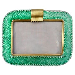 Venini 1980s Italian Vintage Emerald Green Murano Glass and Brass Photo Frame