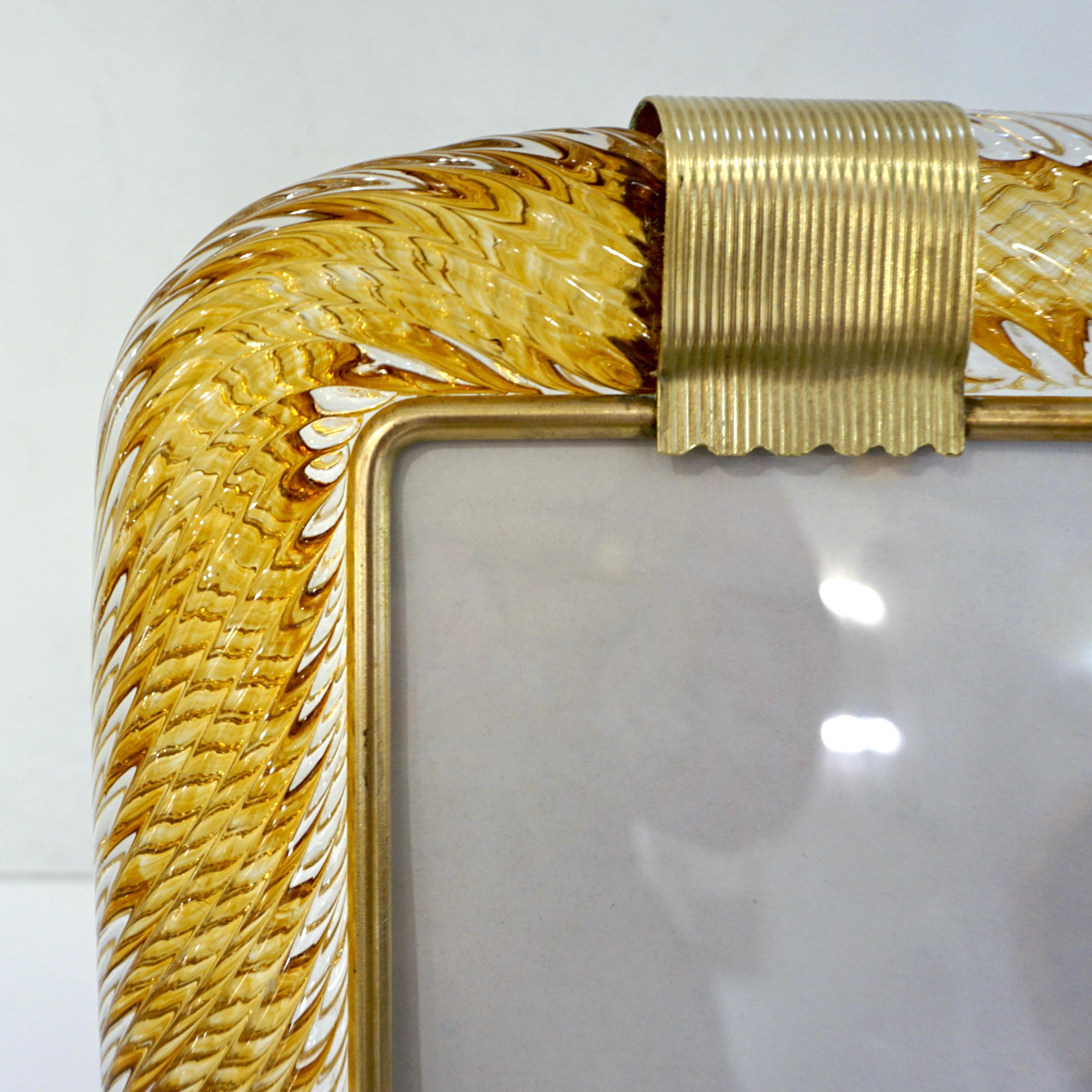 Mid-Century Modern Venini 1980s Italian Vintage Tall Amber Gold Murano Glass and Brass Photo Frame