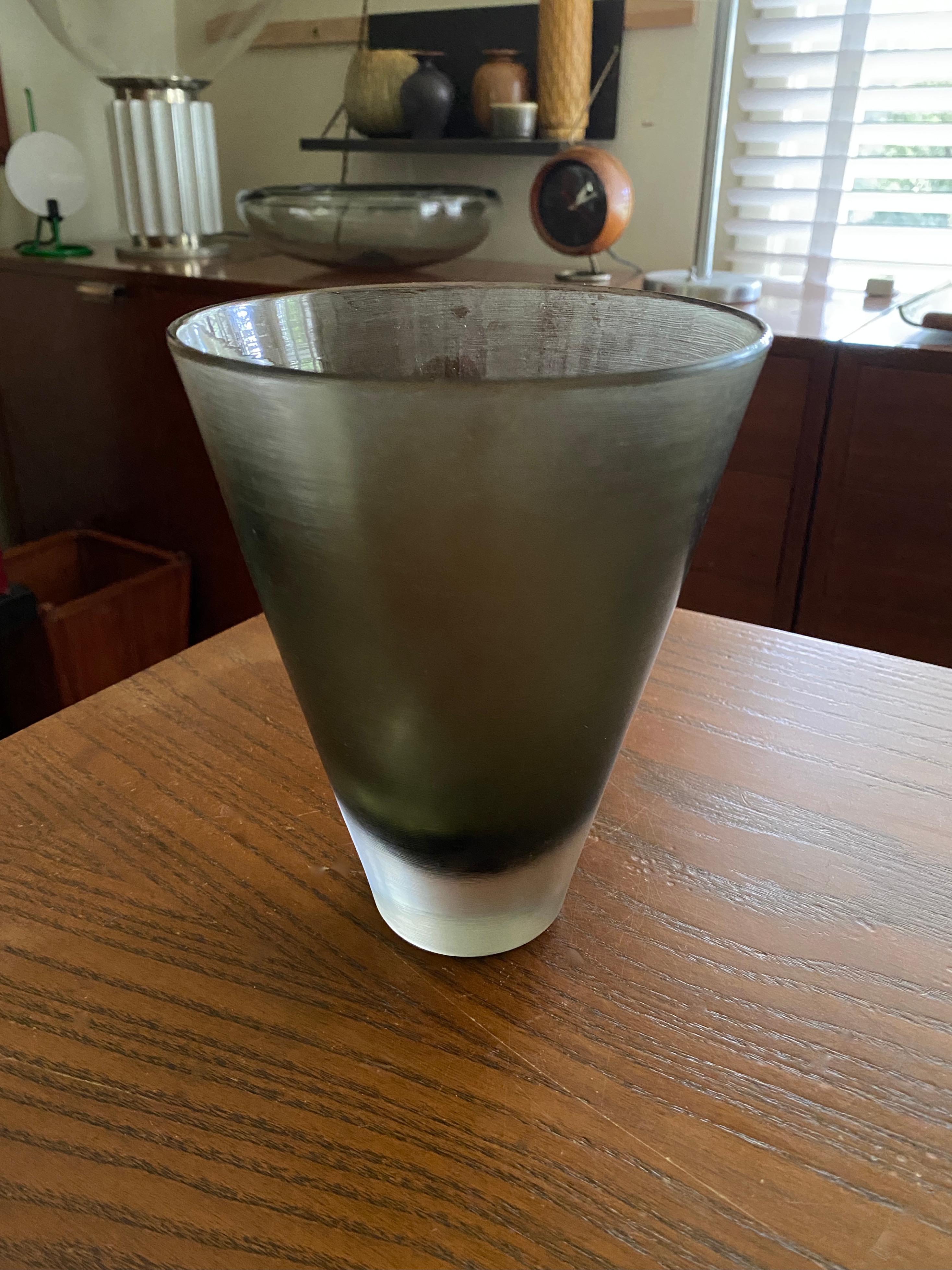 Mid-Century Modern Venini Inciso Gray / Green Glass Vase, Three Line Acid Etched For Sale