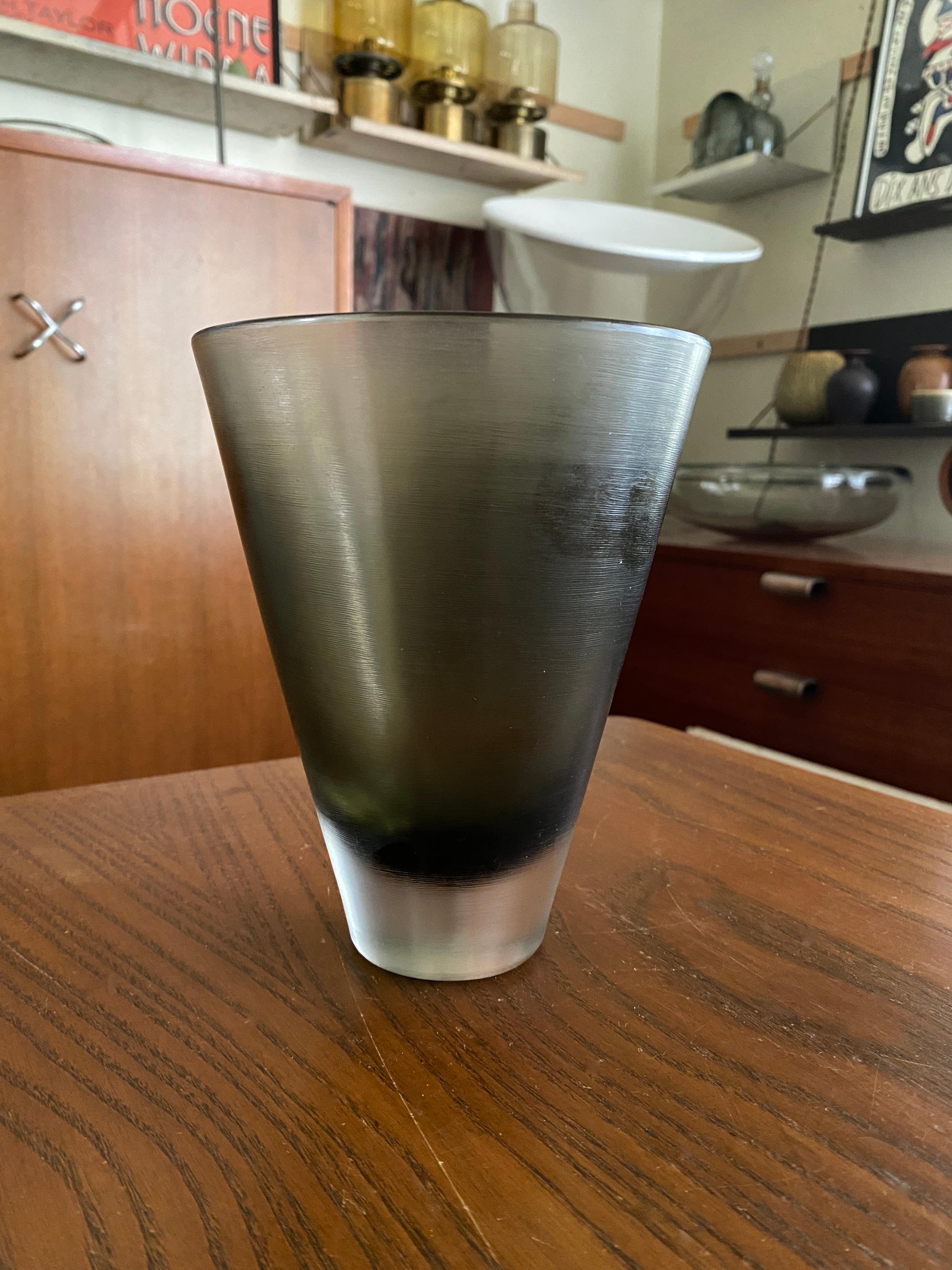 Italian Venini Inciso Gray / Green Glass Vase, Three Line Acid Etched For Sale