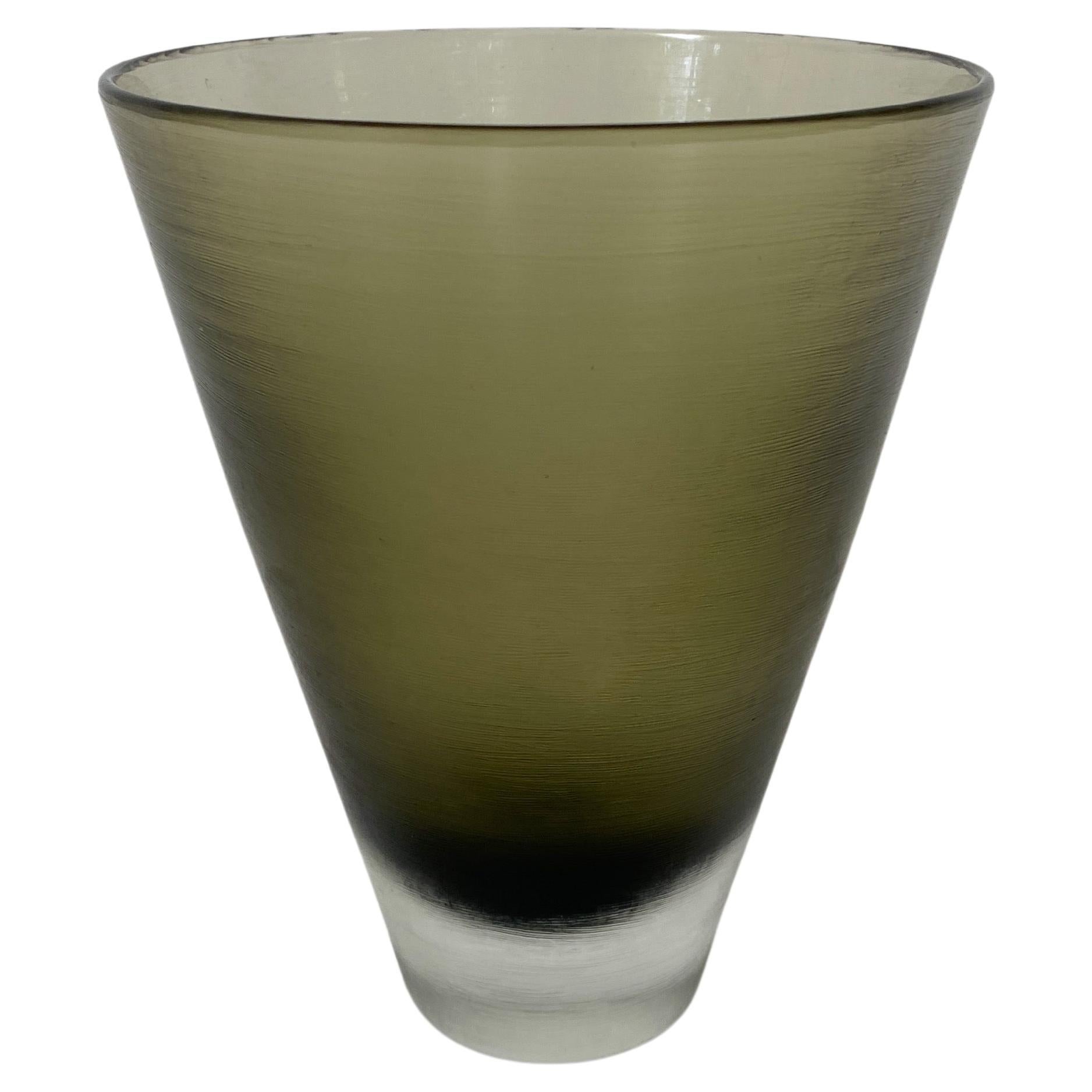 Venini Inciso Gray / Green Glass Vase, Three Line Acid Etched