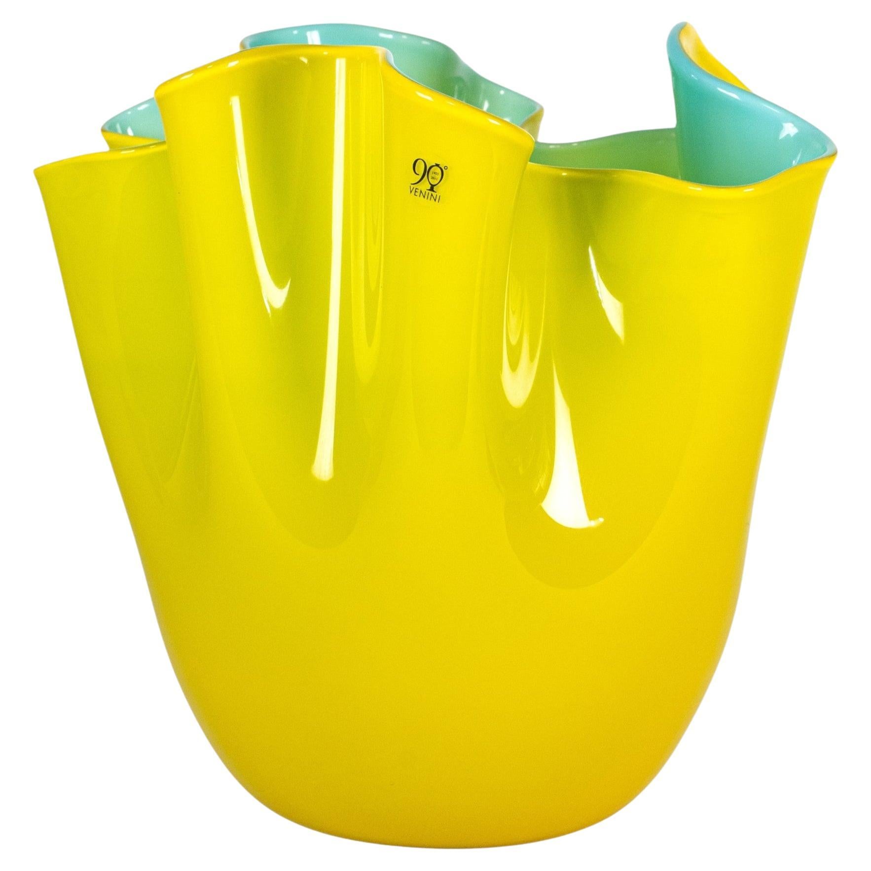 Venini 90° Anniversario vaso Fazzoletto Giallo Blu Murano firmato 2012