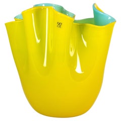 VENINI 90° Aniversario jarrón Fazzoletto Amarillo Azul Cristal de Murano Firmado 2012