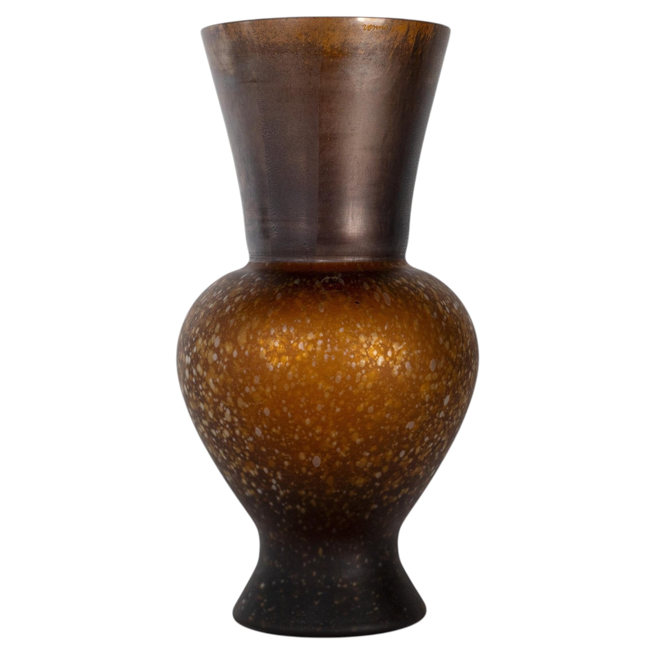 VENINI 90th vase Re, Tea color and Bronze Murano Glass Signed 2011, Italy