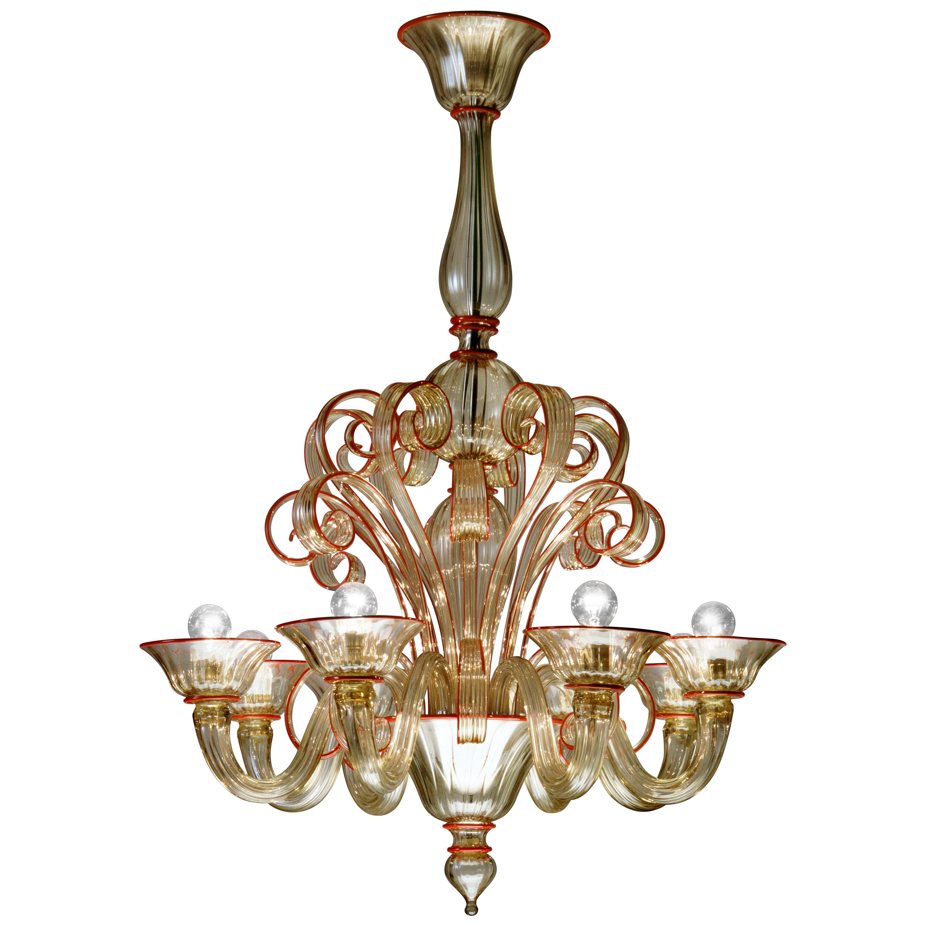 Venini Albrici 6-Arm Chandelier in Gold and Red For Sale