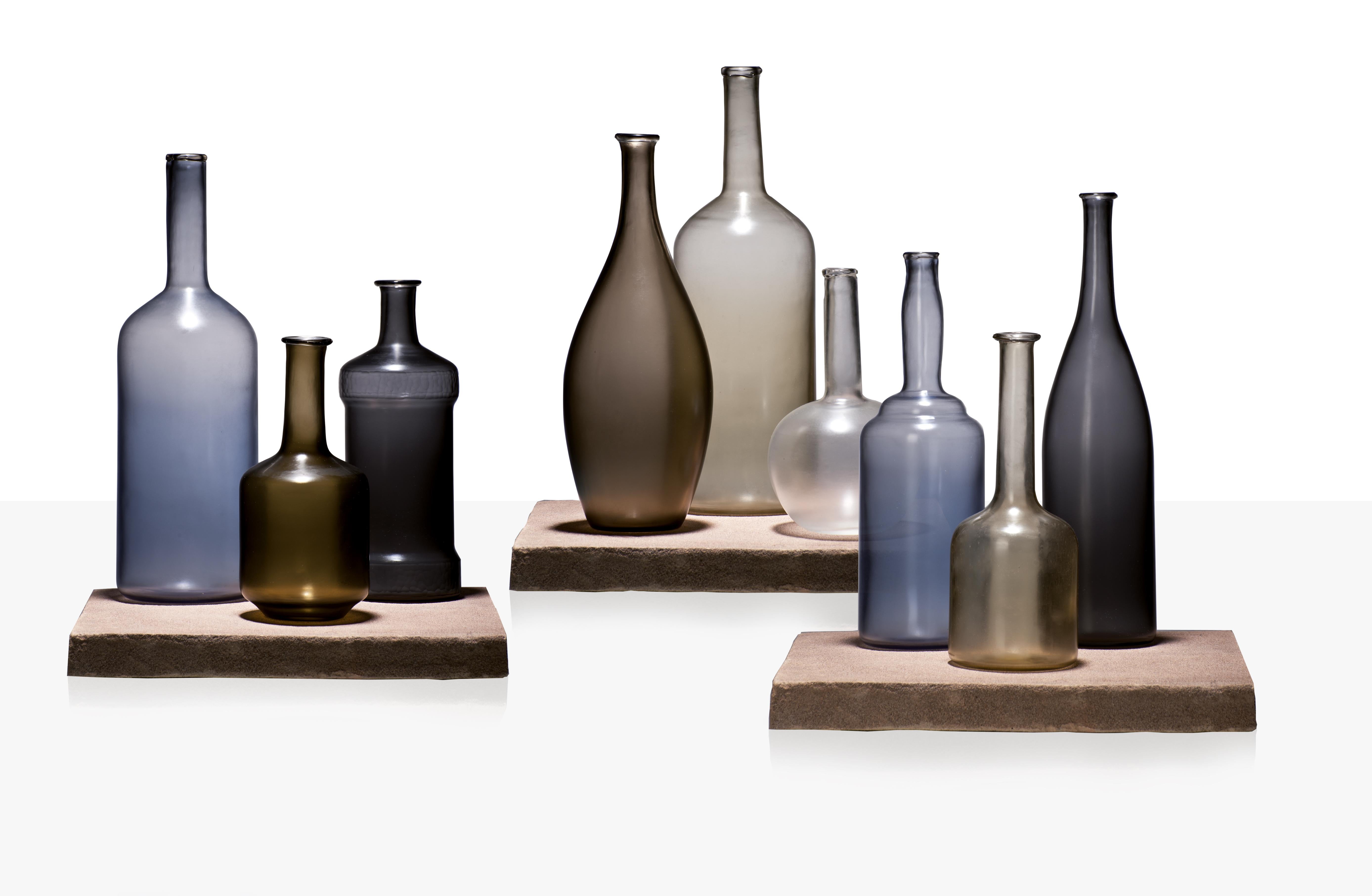 Modern Venini Alla Morandi Bottles Sculptures in Blue, Black and Amber by Matteo Thun