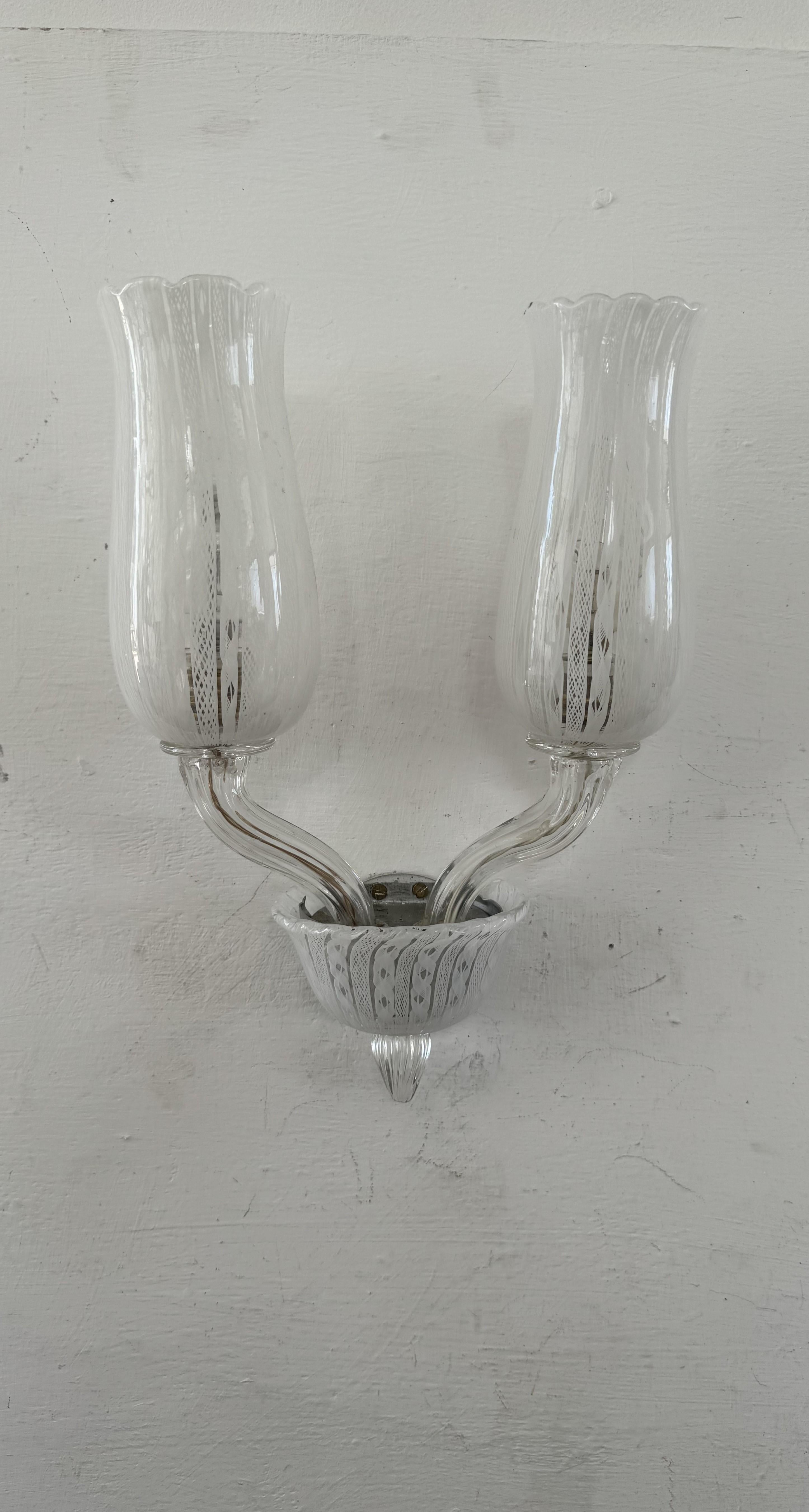 Aplique Art Decó de cristal de Murano blanco y transparente, fabricado con la técnica Zanfirico en la isla de Murano, Italia, hacia 1930-40.
El vidrio Zanfirico está formado por finas cañas de filigrana estiradas y retorcidas para formar cintas y