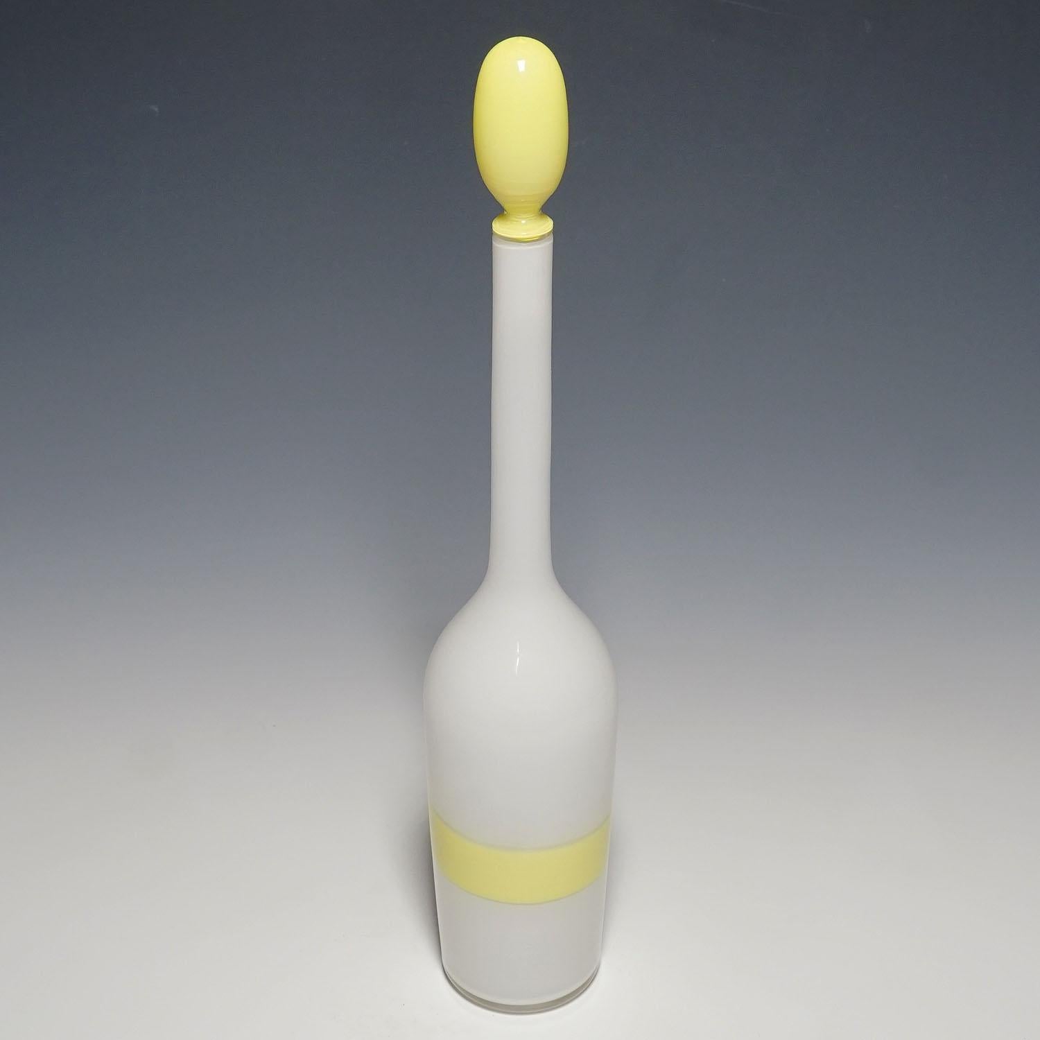 Italian Venini Art Glass Bottle with Fasce Decoration in Yellow, Murano 1950s For Sale