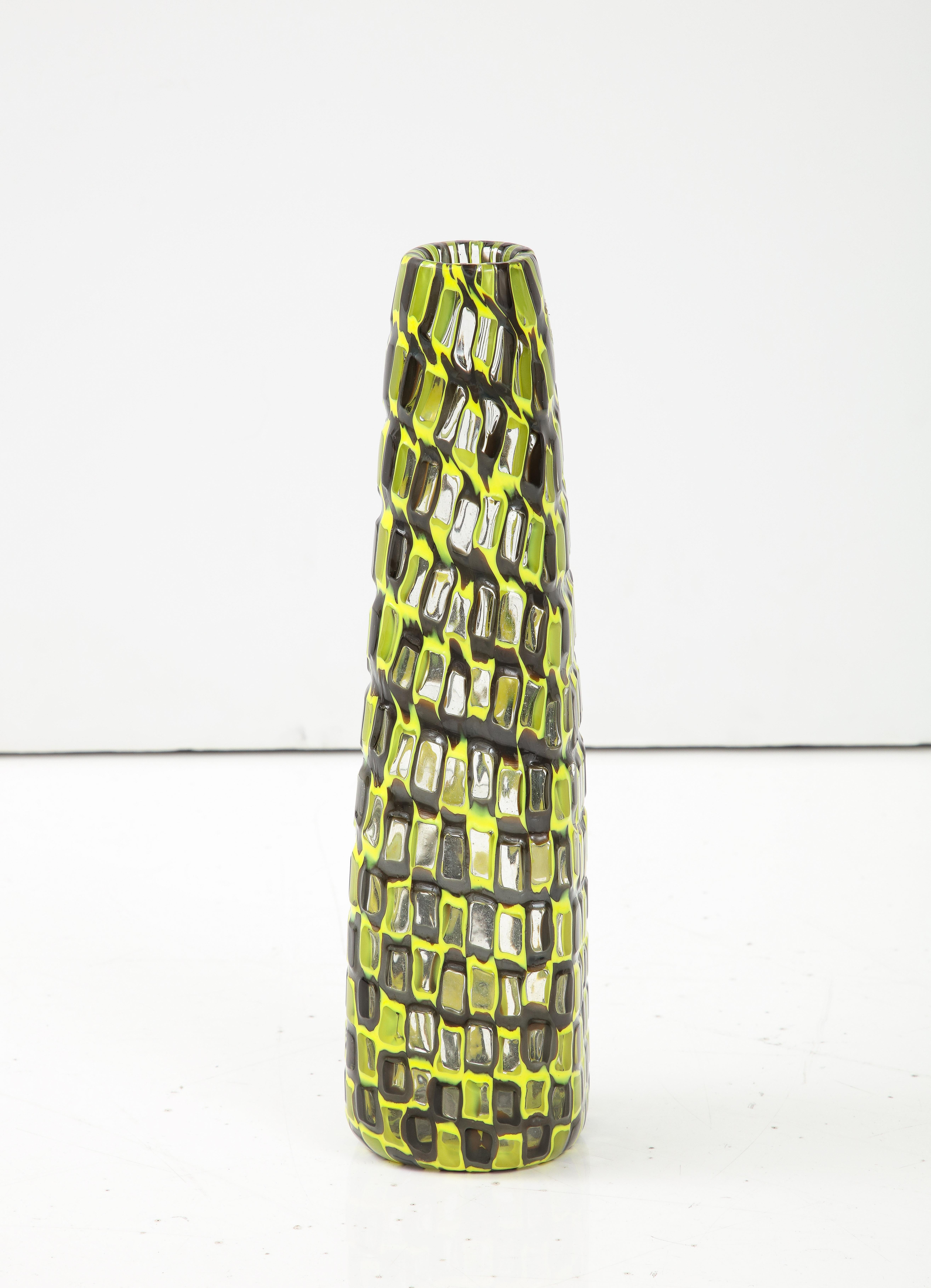 Artisan hand blown Murano glass vase featuring striking colors of chartreuse and bark brown/grey. The colors forming rectangular frames surrounding the clear background. Signed on bottom, Venini, '90.