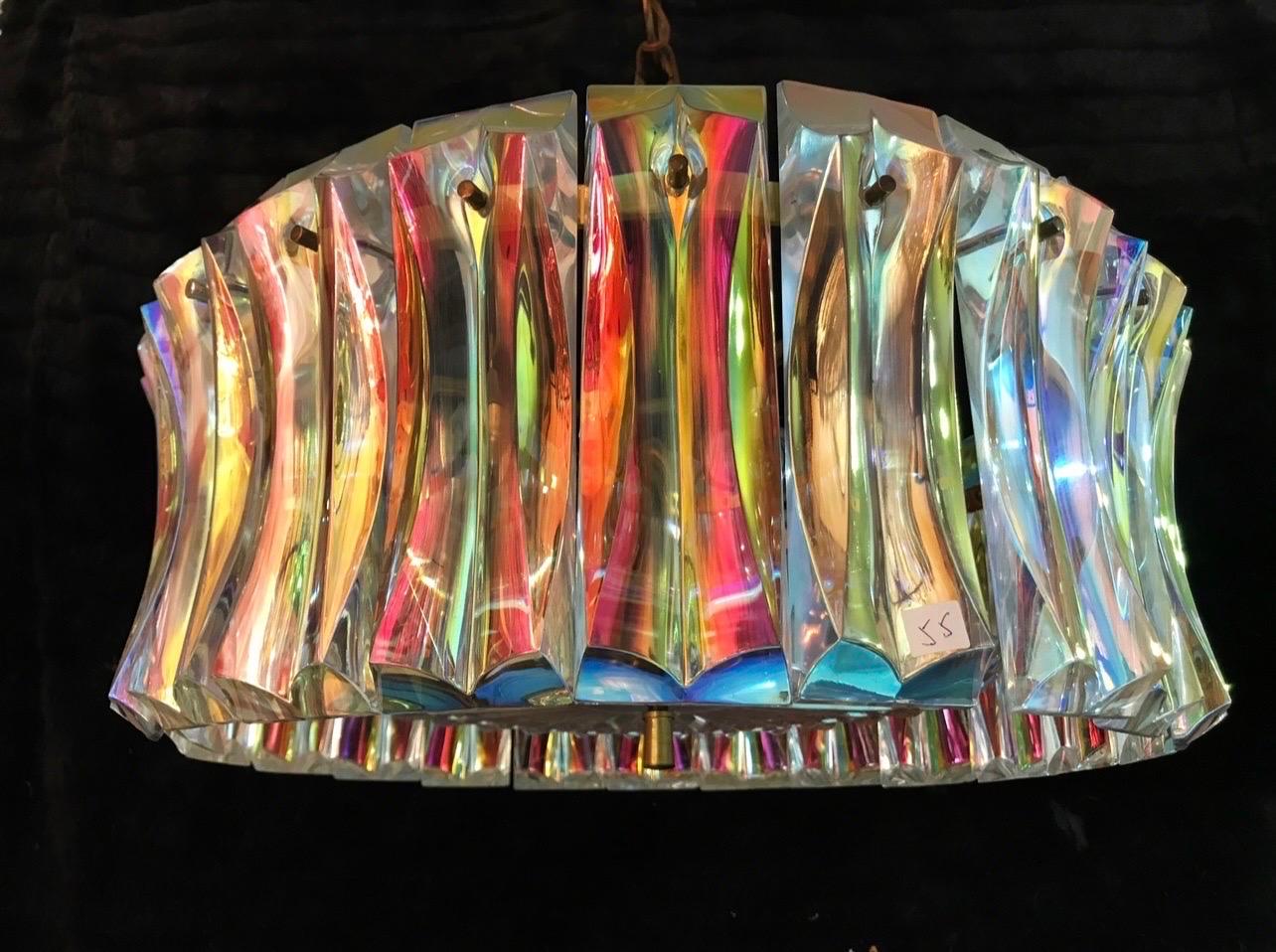 Mid-Century Modern Venini attr Iridescent Glass Murano Chandelier with brass, Italy 1950