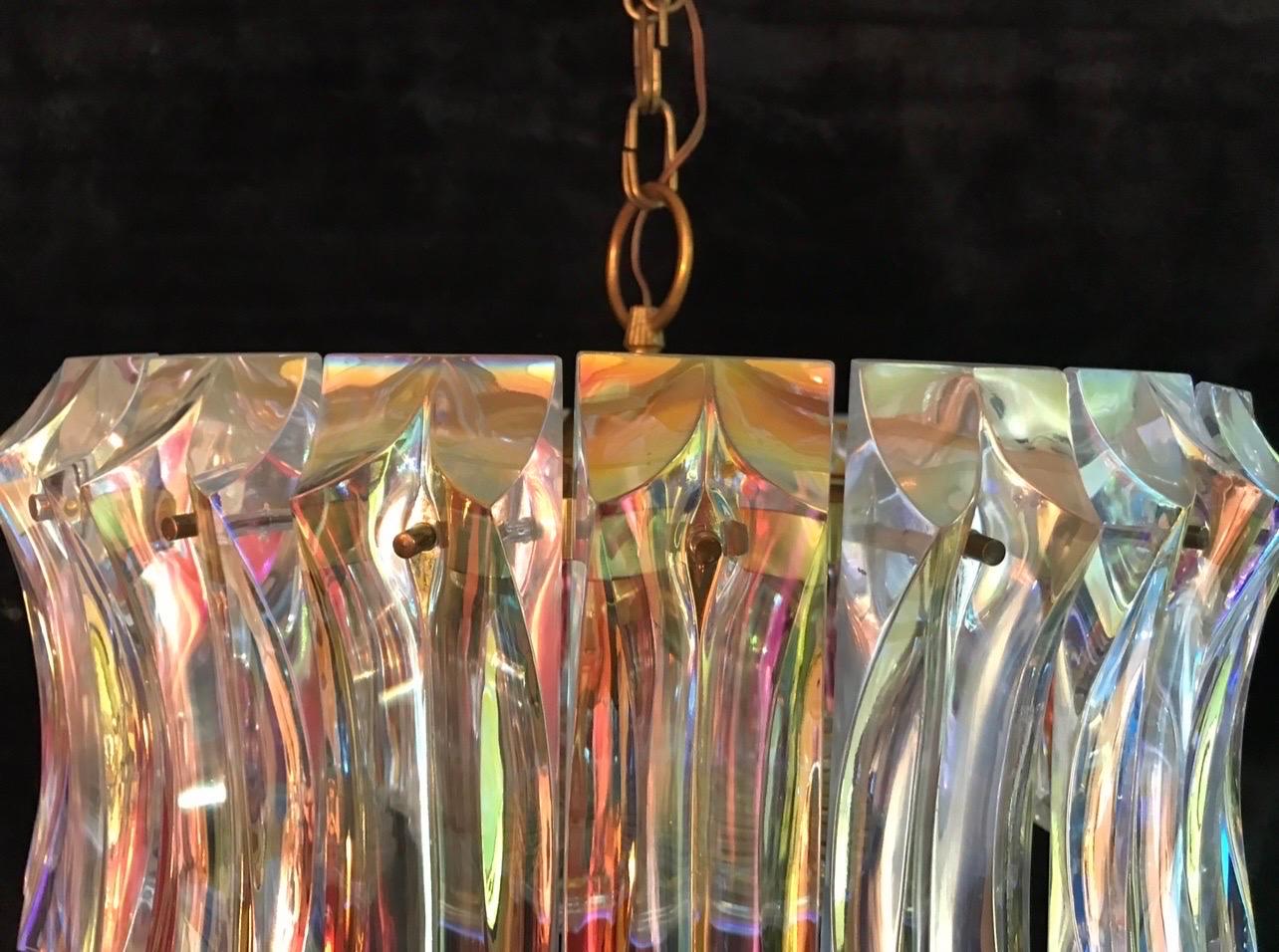 Italian Venini attr Iridescent Glass Murano Chandelier with brass, Italy 1950