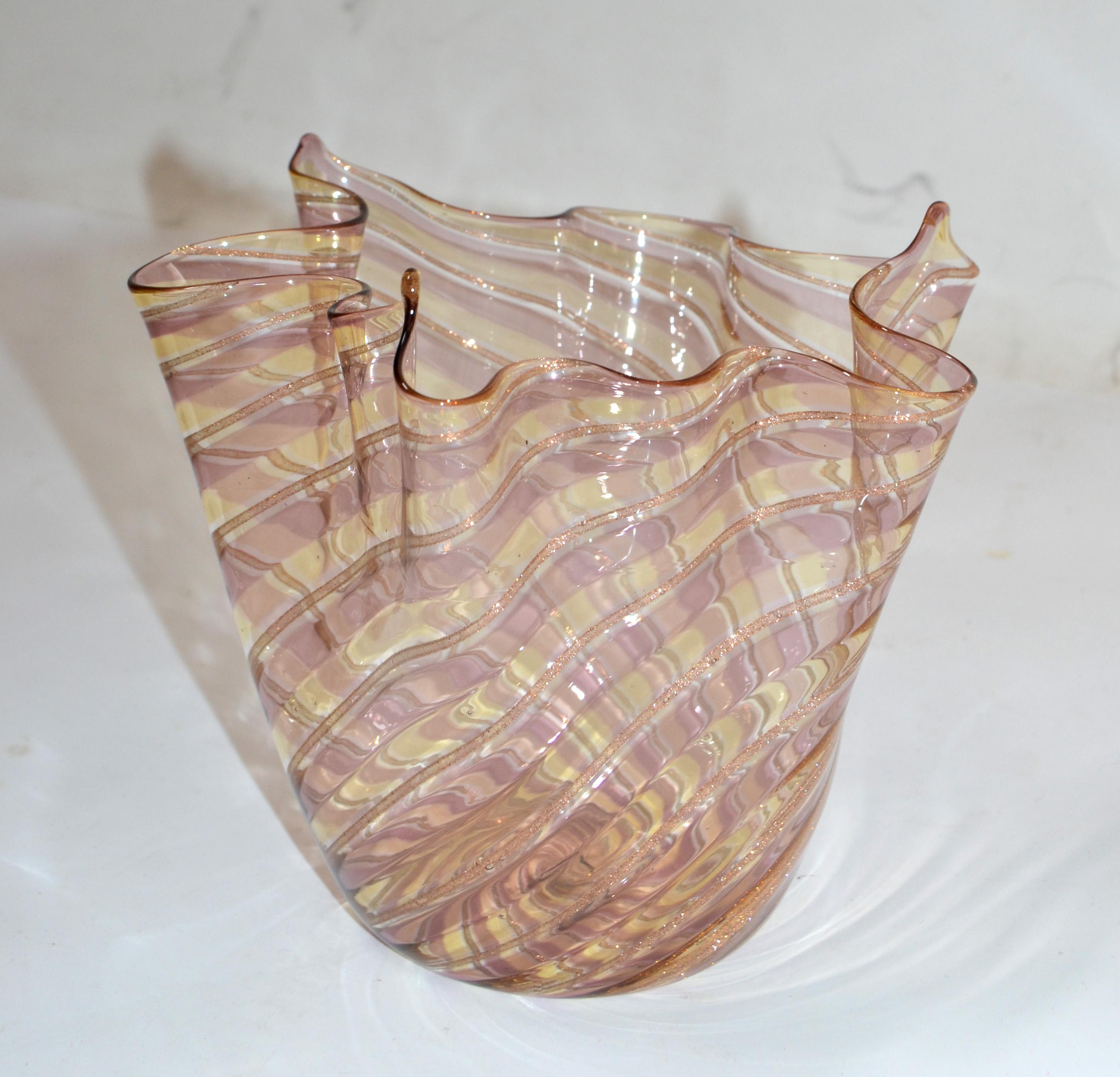 Mid-Century Modern Venini Attributed Bronze, Gold and Clear Fazzoletto Bowl Vase Centerpiece, Italy For Sale
