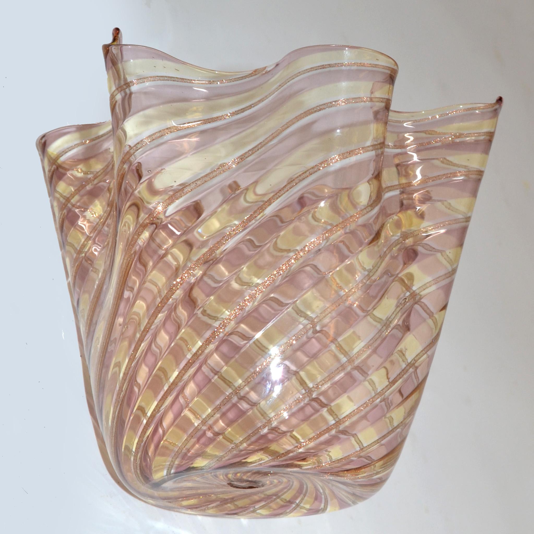 Murano Glass Venini Attributed Bronze, Gold and Clear Fazzoletto Bowl Vase Centerpiece, Italy For Sale