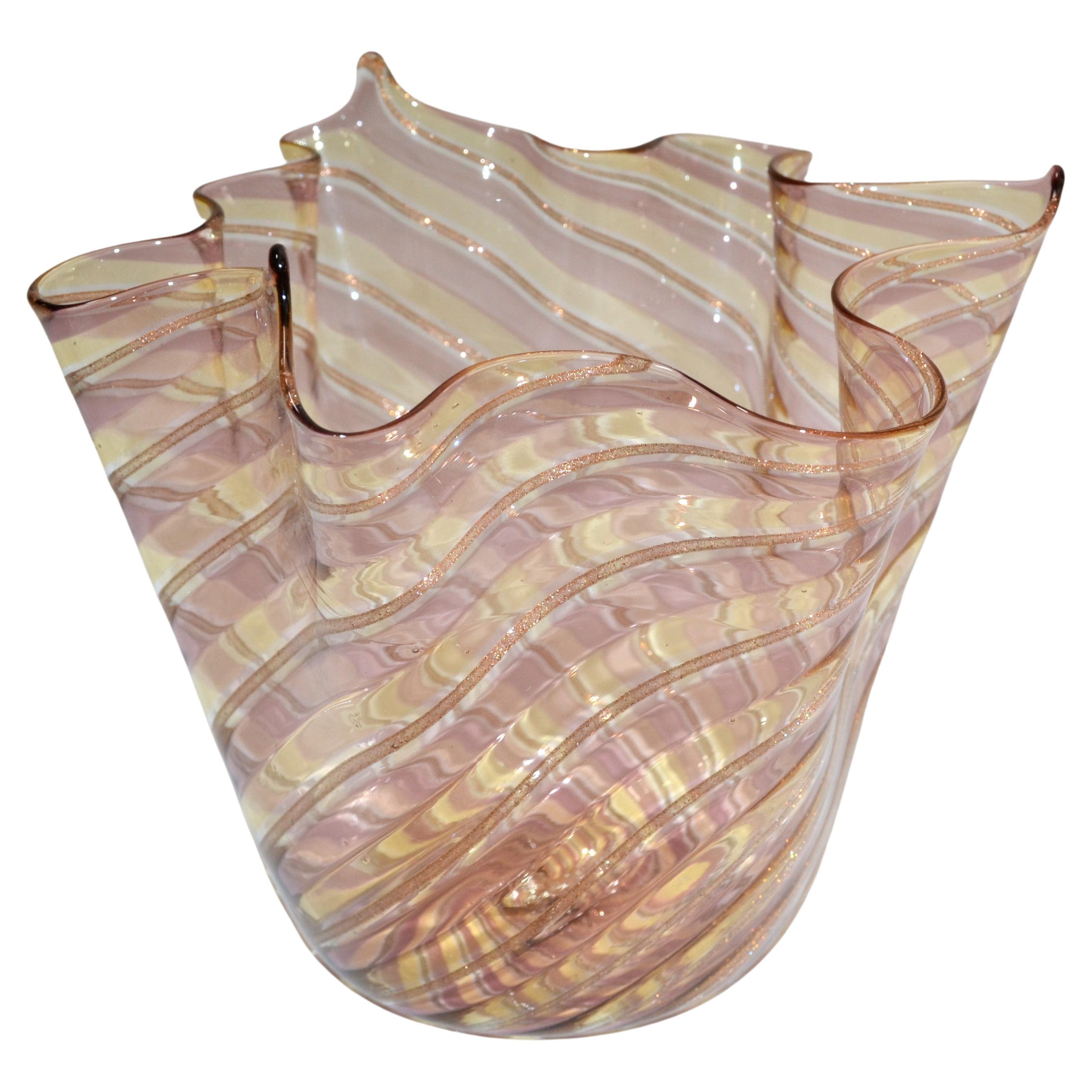 Venini Attributed Bronze, Gold and Clear Fazzoletto Bowl Vase Centerpiece, Italy