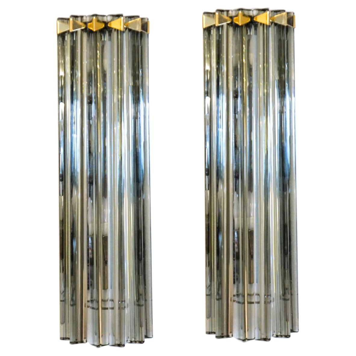 Venini Attributed Midcentury Modern Grey Two of Murano Glass Triedri Sconces For Sale