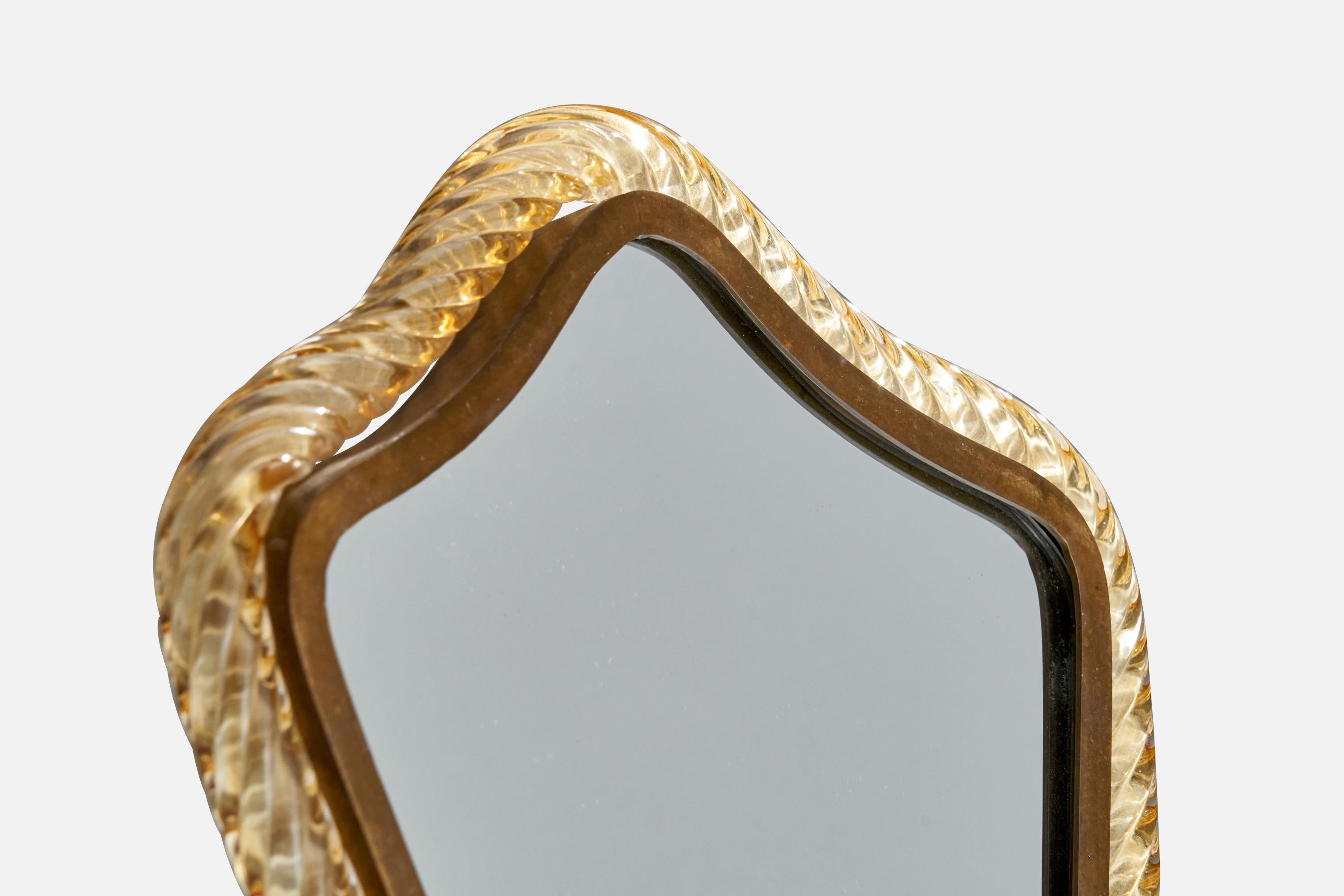 Ottone Venini Attribution, Specchio da tavolo, vetro di Murano giallo, ottone, Italia, anni '40 in vendita