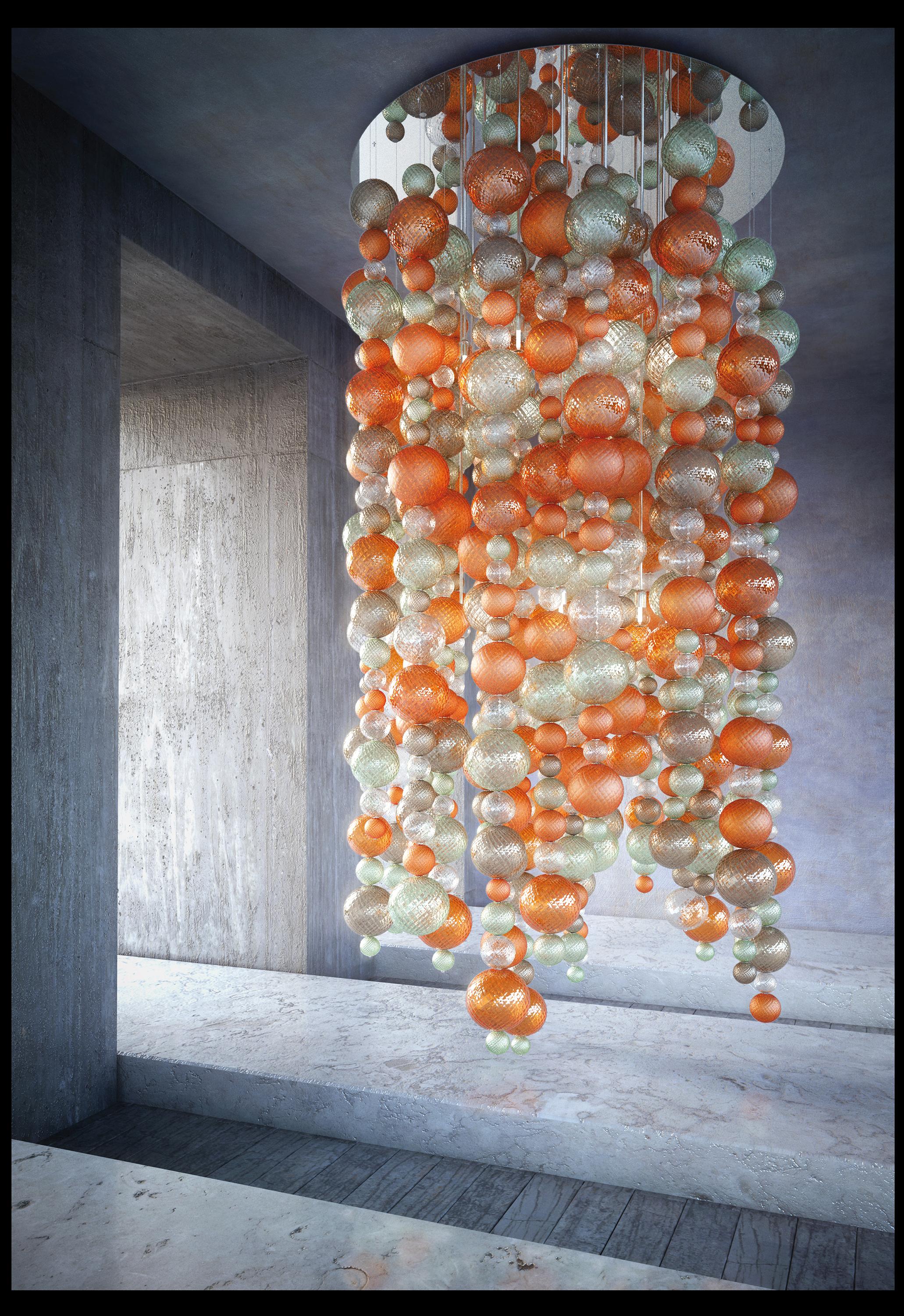 Venini Balloton chandelier in orange and light green. Other dimensions on request.

Year of Manufacture: 1962-2015
SFERE : Ø cm 7 / Ø cm 10 / Ø cm 16 / Ø cm 19
16 x E27 LED 6.5W 2700°K
Peso – Weight Kg: ~ 350
Metal: Chromium-plated
Colors: