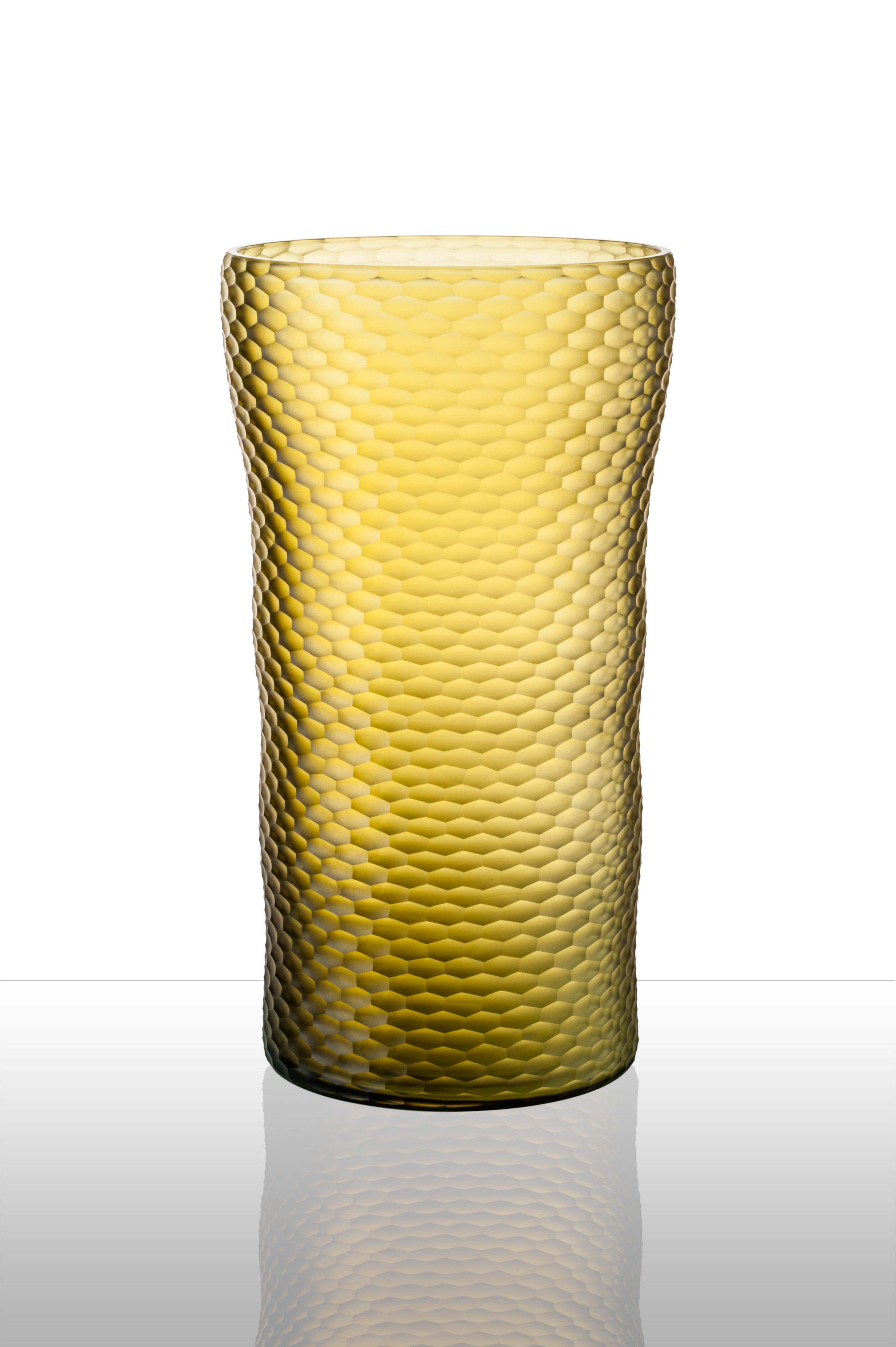 Moderne Vase en verre Venini Battuto A Nido D'ape jaune paille par Carlo Scarpa en vente