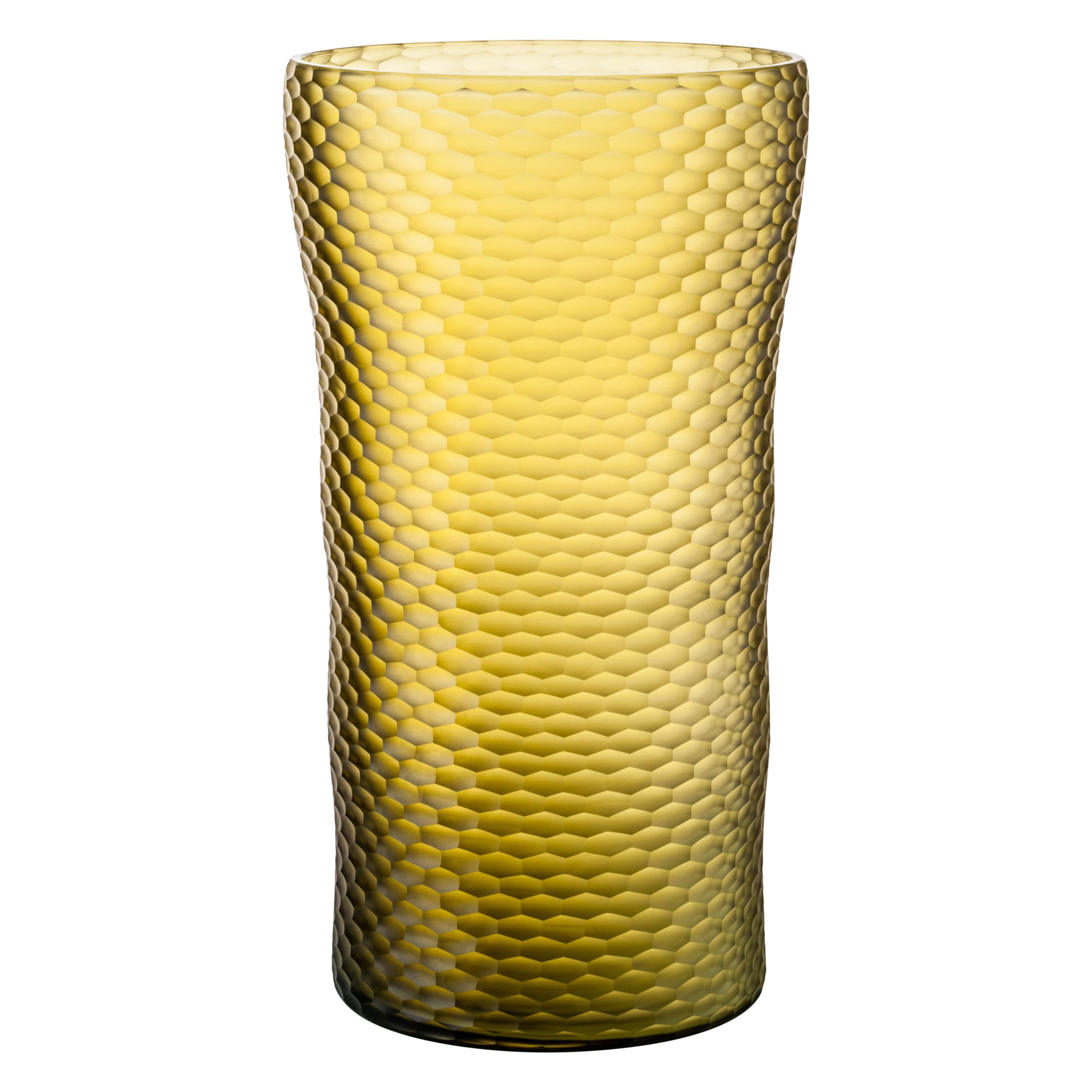 Venini Battuto A Nido D’ape Glass Vase in Straw Yellow by Carlo Scarpa