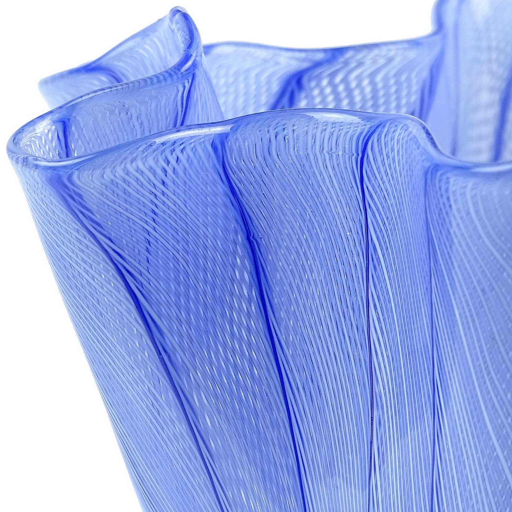 Beautiful Murano hand blown blue ribbons Italian art glass fazzoletto handkerchief vase. Documented to Fulvio Bianconi and Paolo Venini, for Venini. It is made with tight net Zanfirico ribbons. Unusual color! Similar ones are published in the