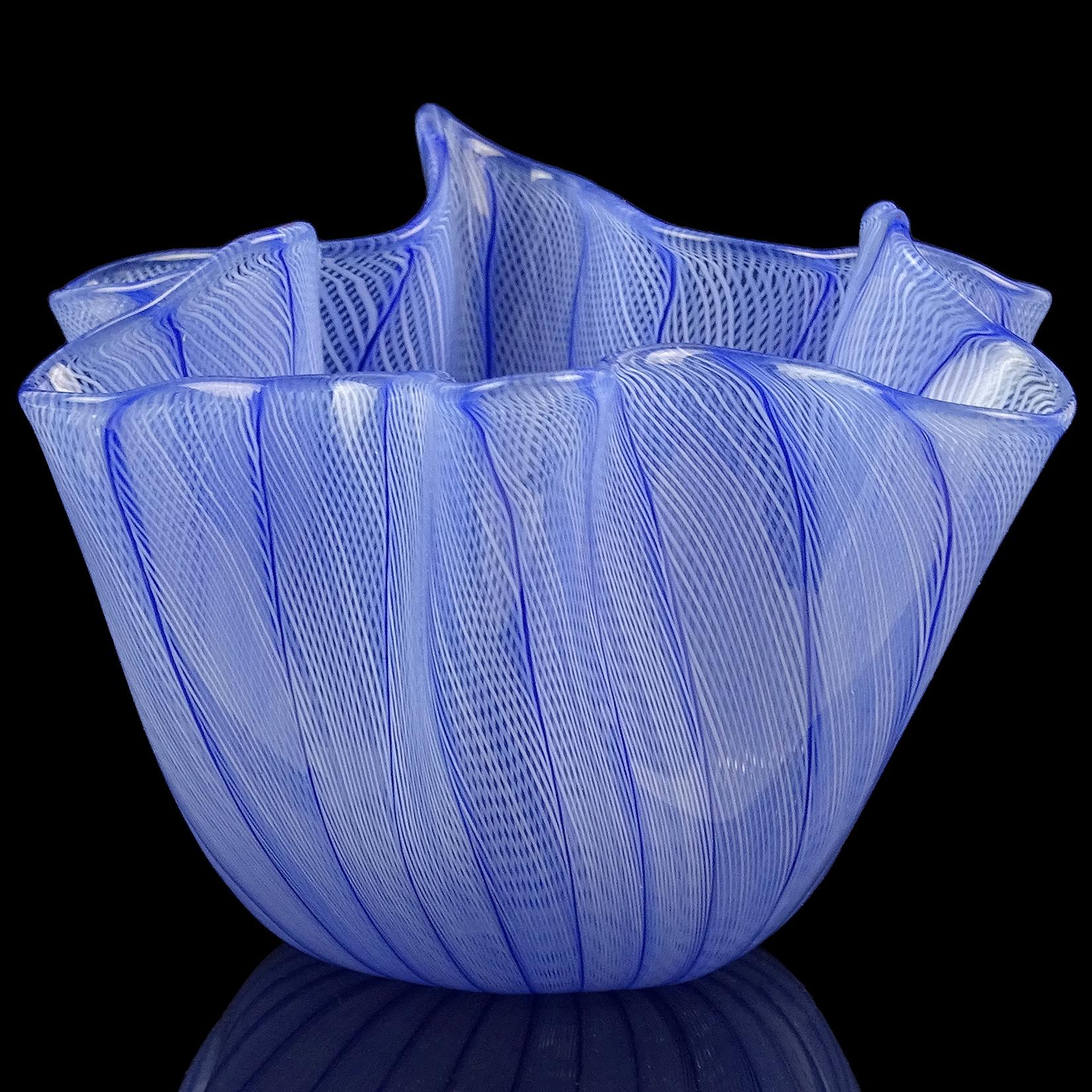 Hand-Crafted Venini Bianconi Murano Blue Italian Art Glass Fazzoletto Handkerchief Vase