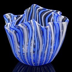 Venini Bianconi Murano Blue White Ribbons Italian Art Glass Fazzoletto Vase