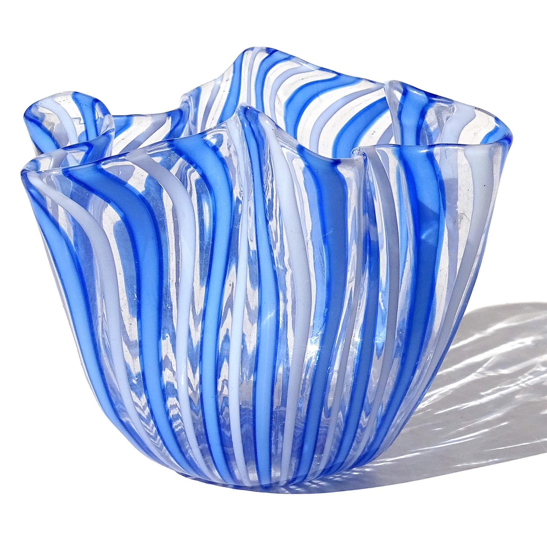 Mid-Century Modern Venini Bianconi Murano Blue White Ribbons Italian Art Glass Fazzoletto Vase For Sale