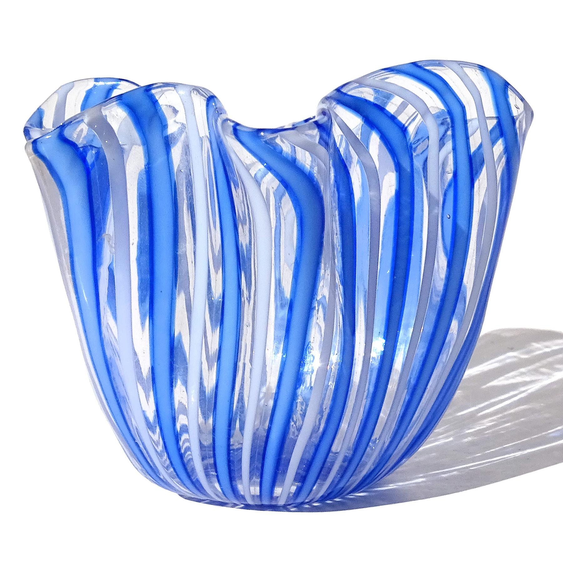Hand-Crafted Venini Bianconi Murano Blue White Ribbons Italian Art Glass Fazzoletto Vase For Sale