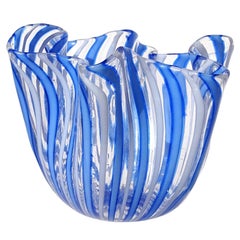 Venini Bianconi Murano Blu Nastri Bianchi Vaso Fazzoletto in vetro artistico italiano