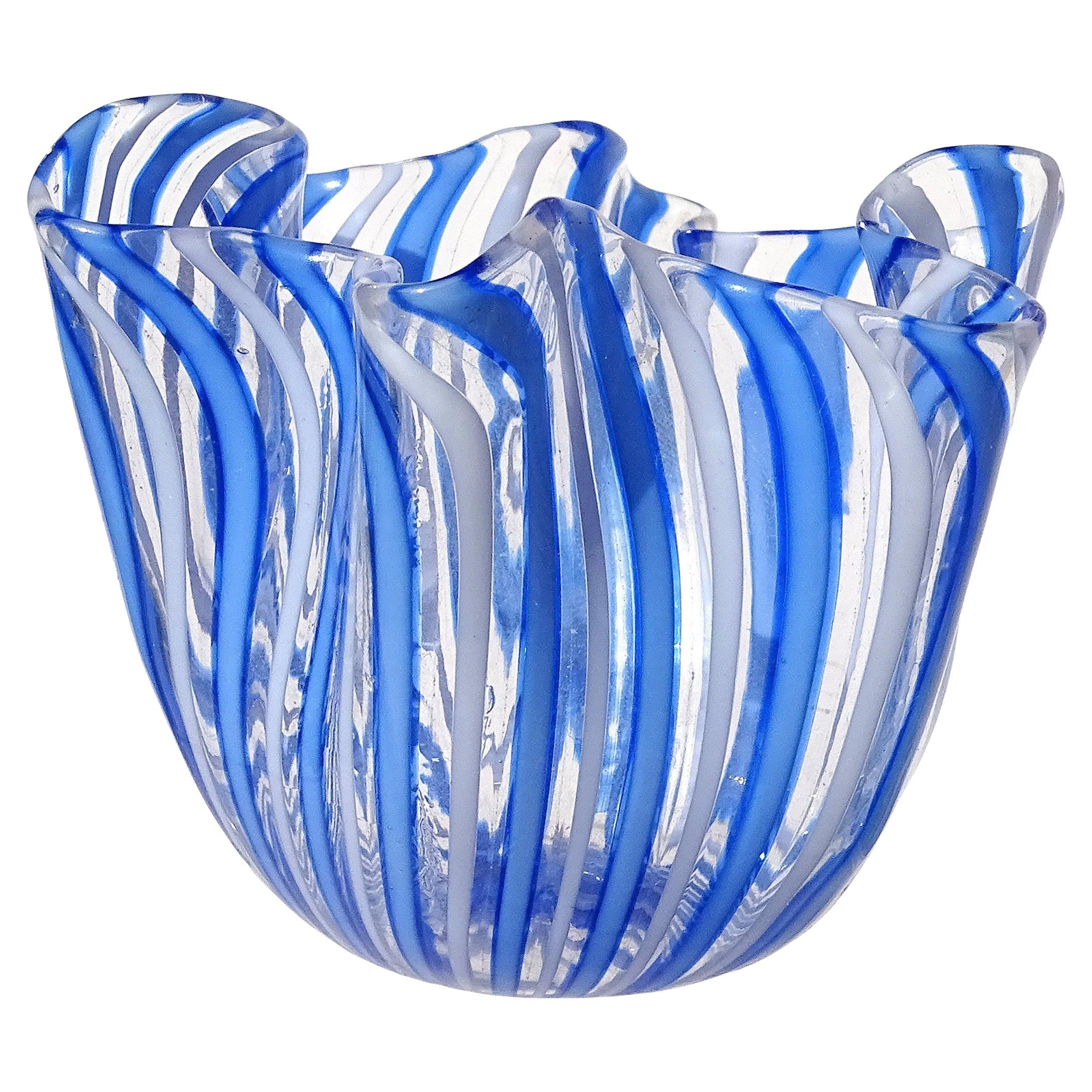 Venini Bianconi Murano Blue White Ribbons Italian Art Glass Fazzoletto Vase