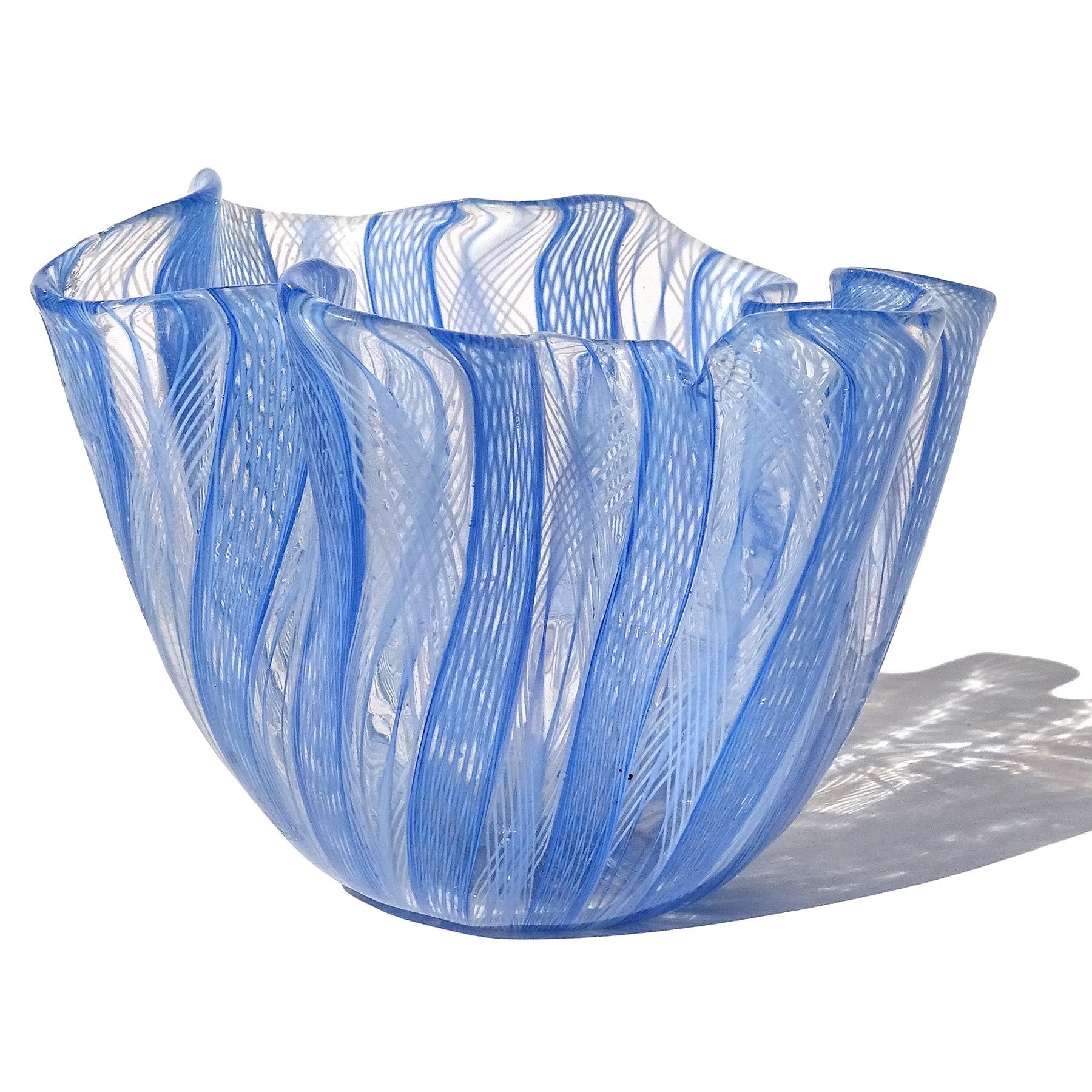 Beautiful vintage Murano hand blown dark blue, with light blue and white ribbons Italian art glass fazzoletto / handkerchief vase. Documented to designer Fulvio Bianconi for the Venini company, circa 1950s. It also has an original yellow 