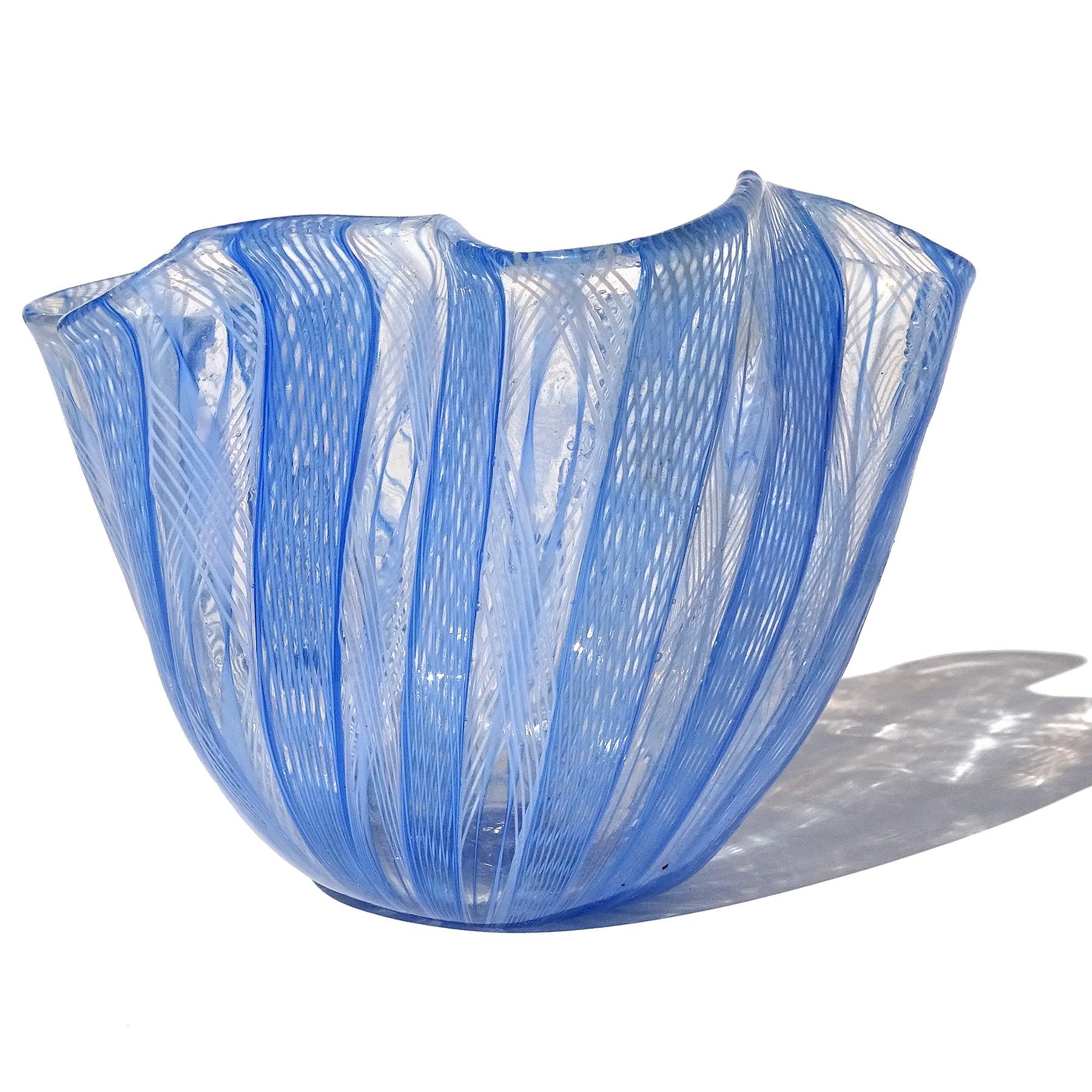 20th Century Venini Bianconi Murano Blue White Zanfirico Italian Art Glass Fazzoletto Vase For Sale