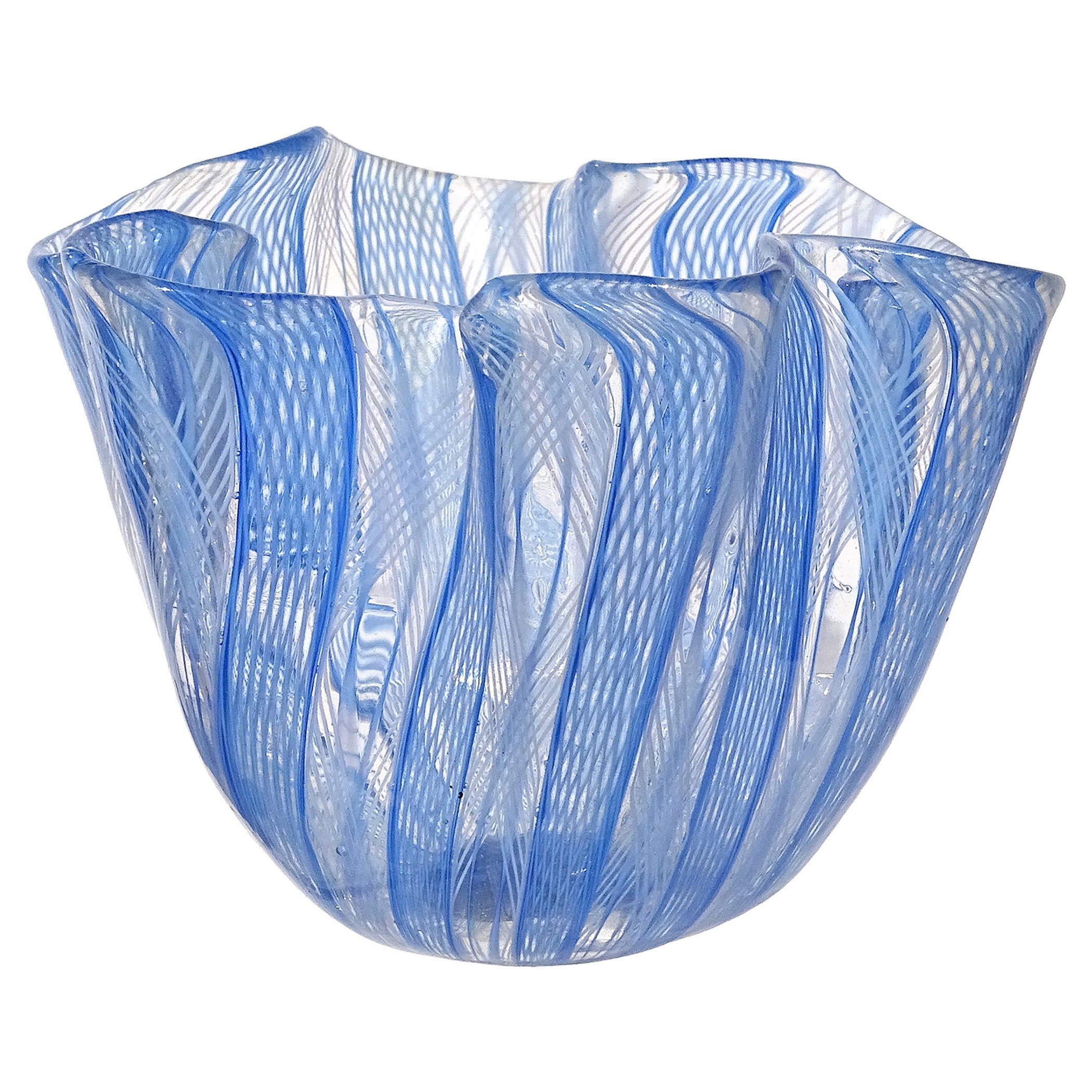 Venini Bianconi Murano Blu Bianco Zanfirico Vaso Fazzoletto in vetro artistico italiano