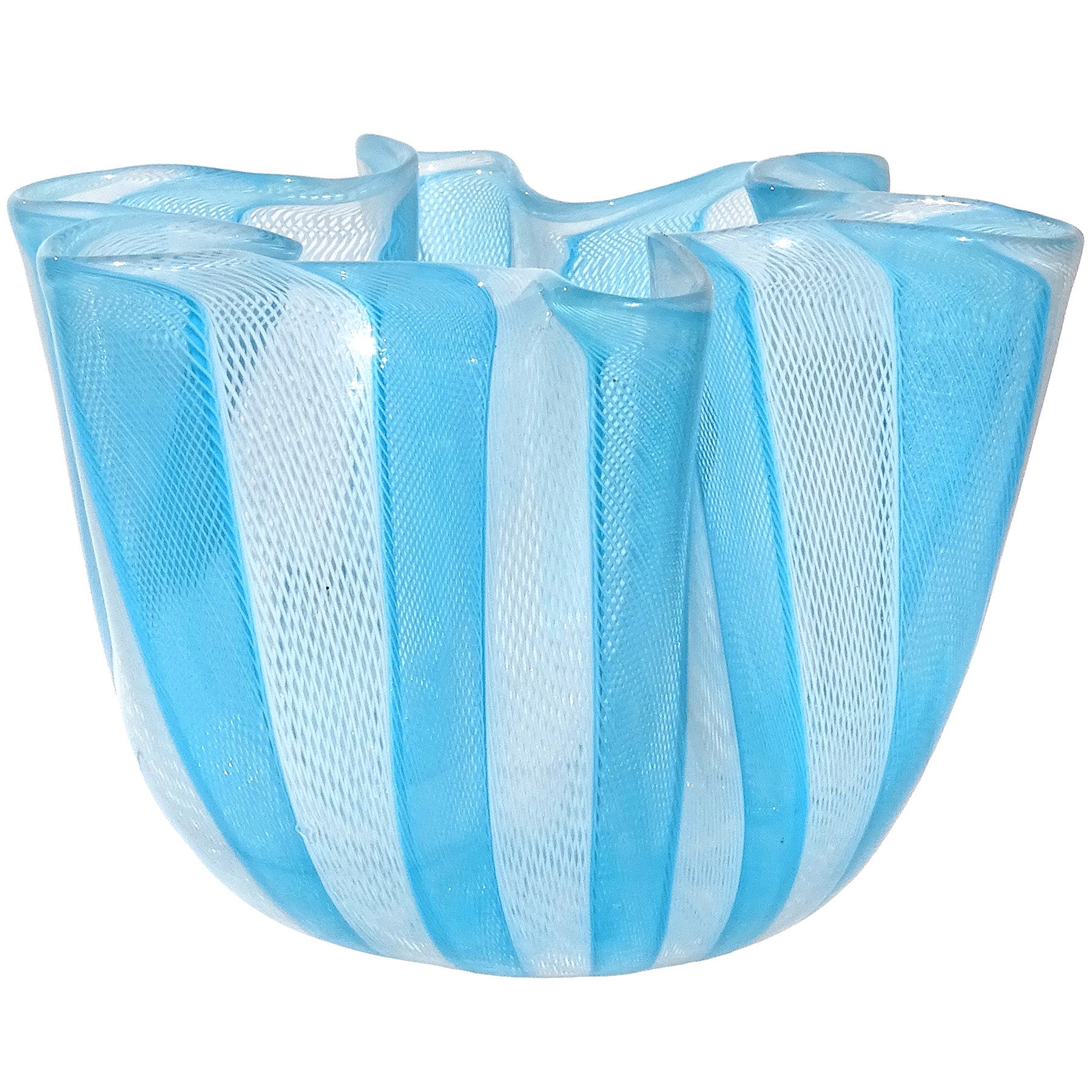 Venini Bianconi, Fazzoletto-Vase aus italienischem Murano-Kunstglas in Blau und Weiß, Zanfirico