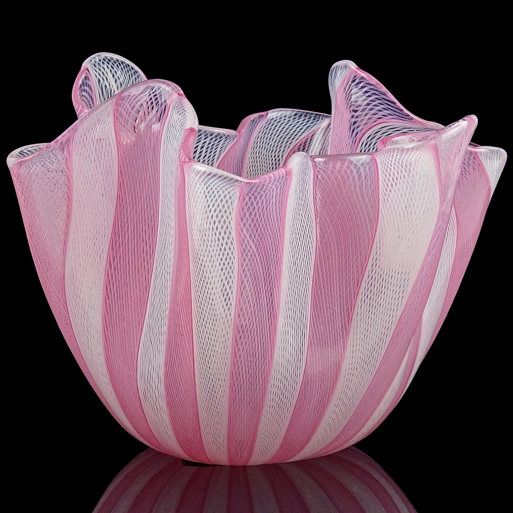 Beautiful Murano hand blown pink and white Italian art glass fazzoletto handkerchief vase. Documented to Fulvio Bianconi and Paolo Venini, for Venini. The piece is signed underneath, with part of the 