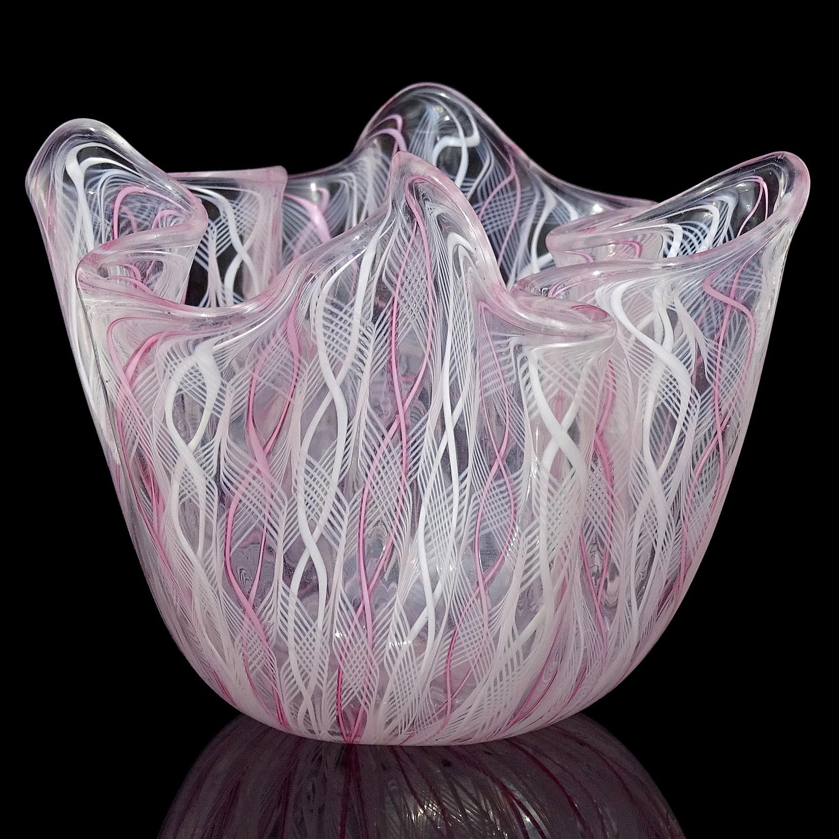 Beautiful vintage Murano hand blown pink and white Italian art glass fazzoletto handkerchief vase. Documented to Fulvio Bianconi and Paolo Venini, for Venini. The piece is fully signed 